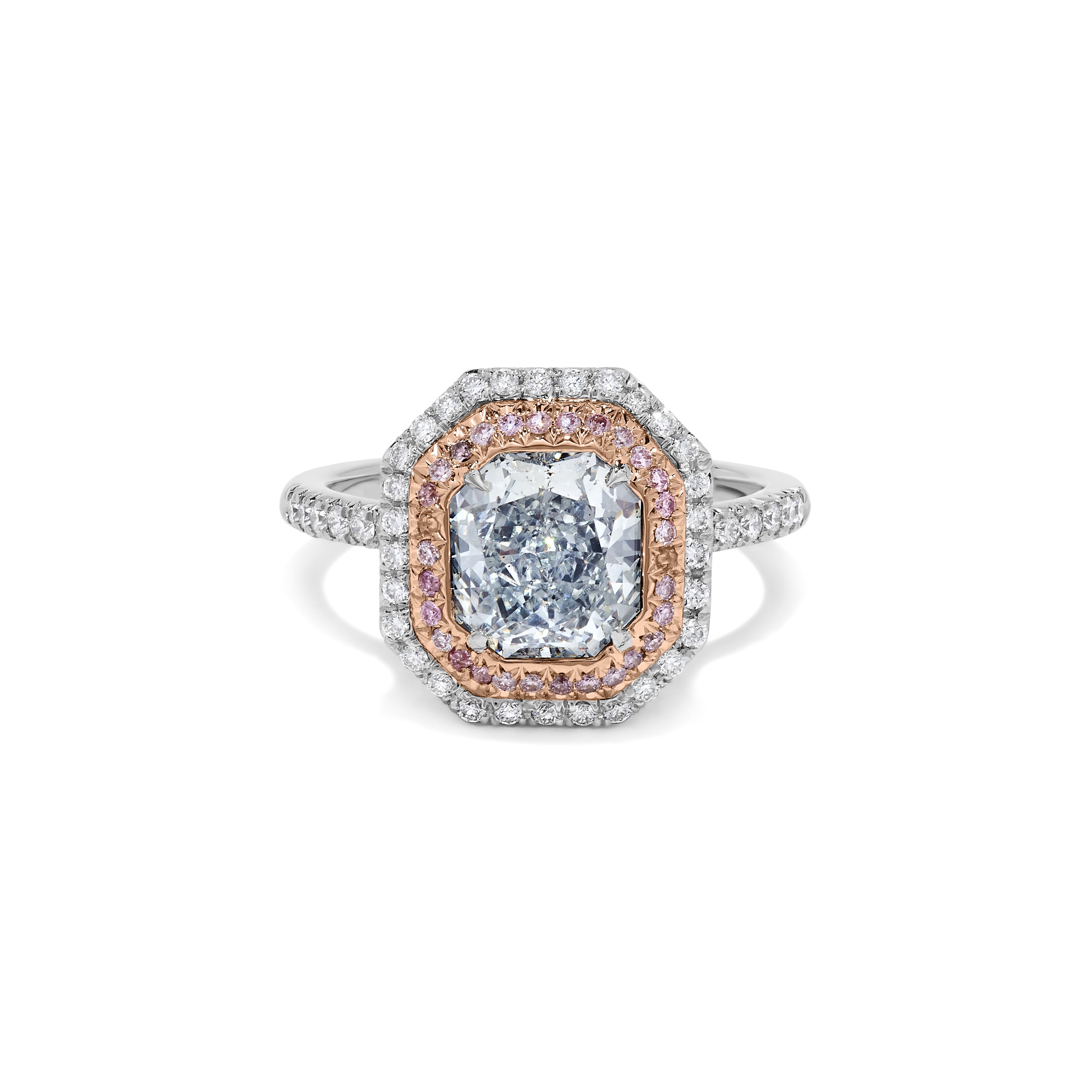 GIA Certified Natural Blue Radiant Diamond 2.45 Carat TW Gold Cocktail Ring For Sale