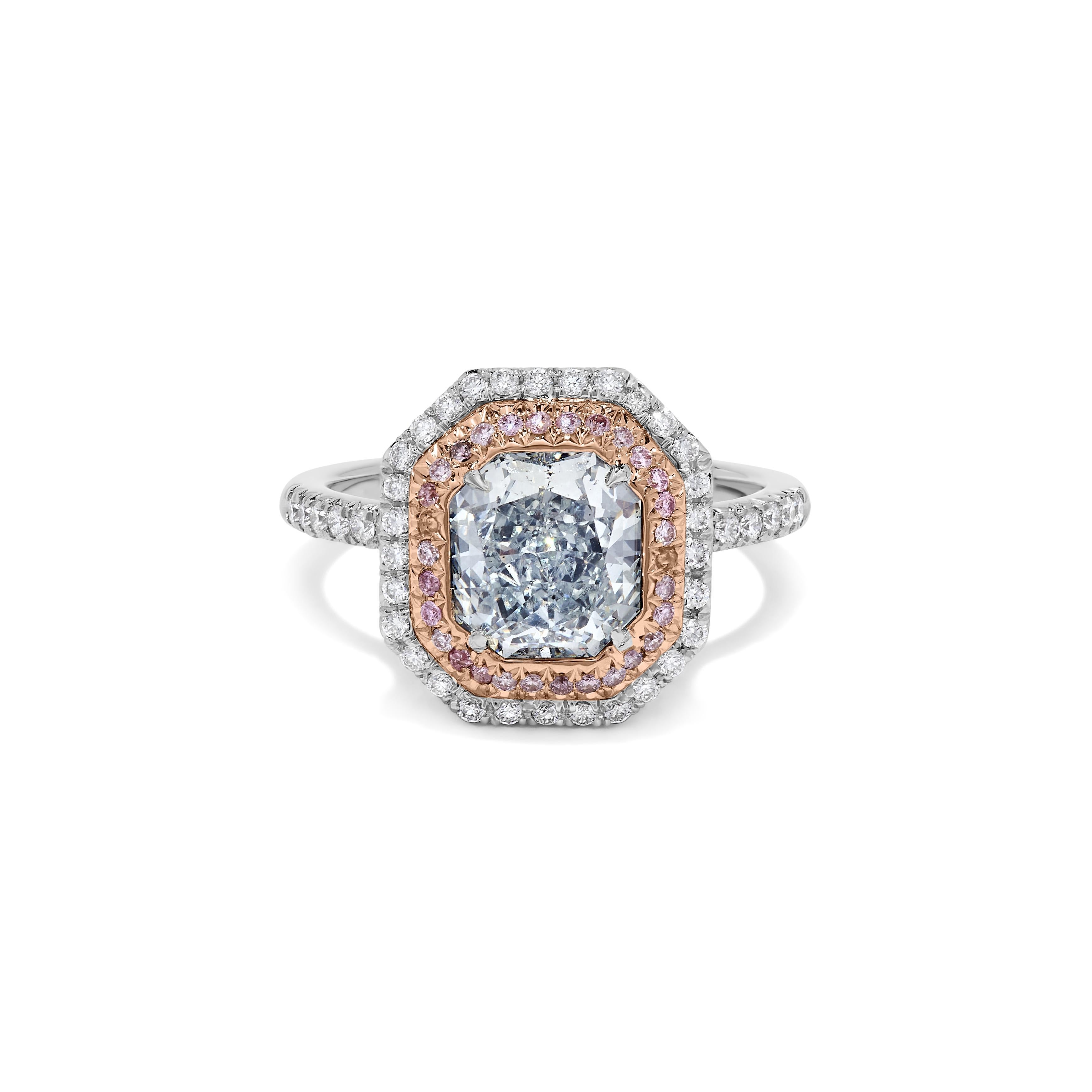 Contemporary GIA Certified Natural Blue Radiant Diamond 2.45 Carat TW Platinum Cocktail Ring For Sale