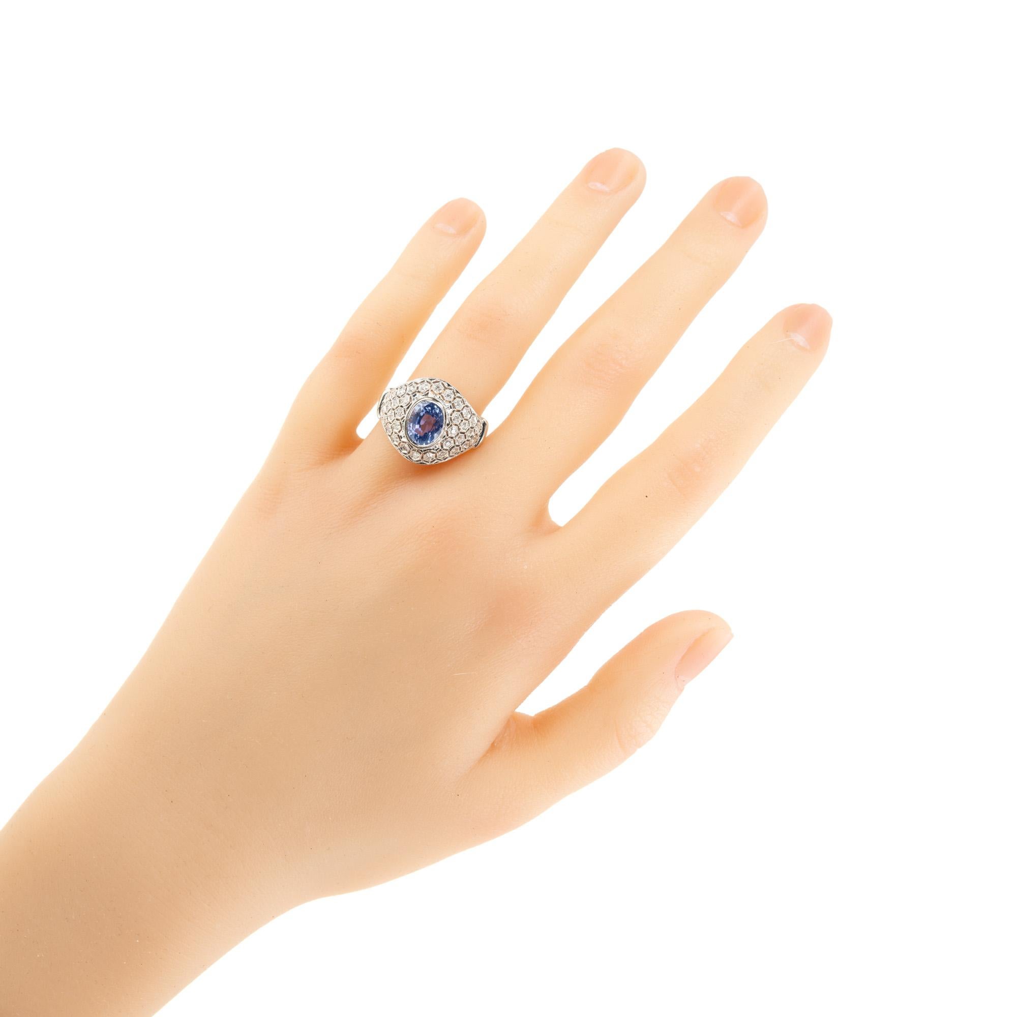 GIA Certified Natural Blue Sapphire Diamond Dome Cluster Cocktail Ring For Sale 2