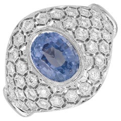 GIA Certified Natural Blue Sapphire Diamond Dome Cluster Cocktail Ring