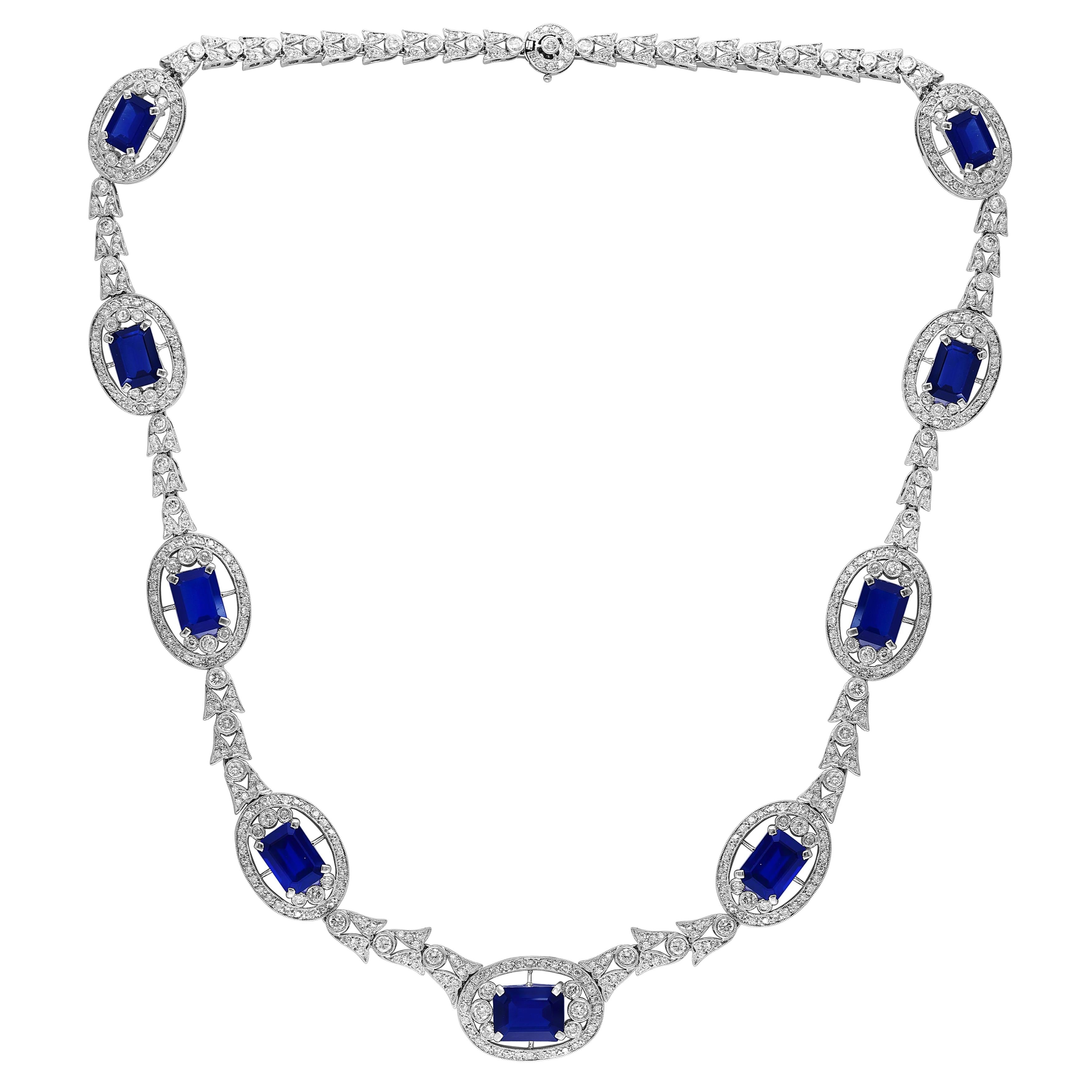 
GIA Certified Natural Blue Sapphire & Diamond Necklace 18 Kt White Gold, Estate
GIA report # 2225370708
natural Sapphire
Origin Thailand 
This Necklace made out of 18 Karat gold .
Necklace consisting of  9 Emerald cut natural sapphire .
Total Ct wt
