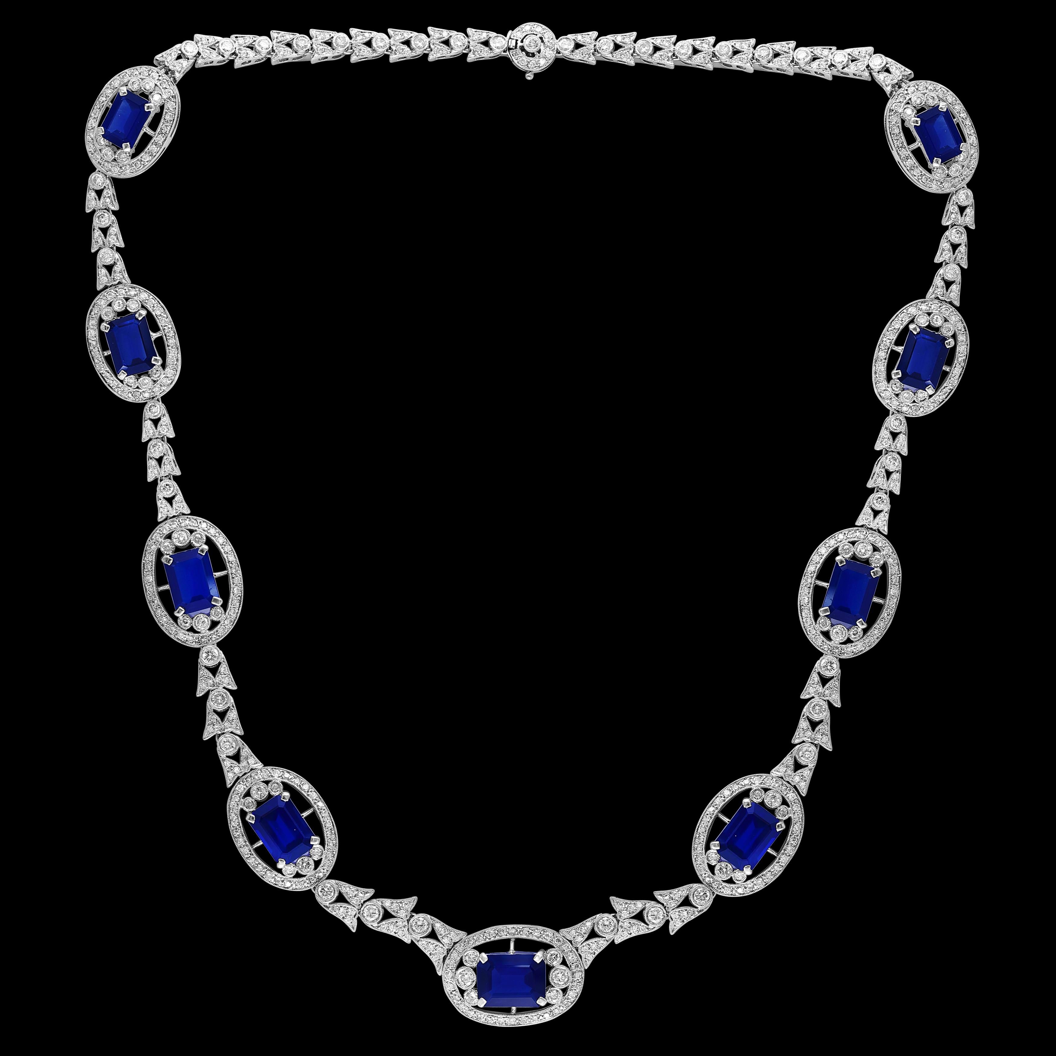 GIA Certified Natural Blue Sapphire & Diamond Necklace 18 Kt White Gold, Estate For Sale 12