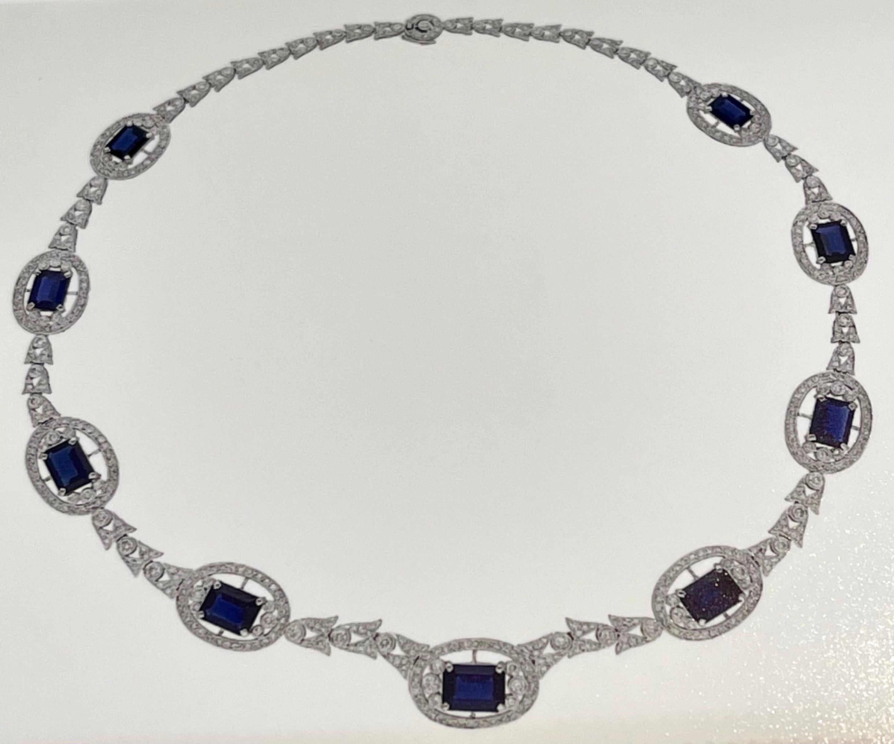 Emerald Cut GIA Certified Natural Blue Sapphire & Diamond Necklace 18 Kt White Gold, Estate For Sale