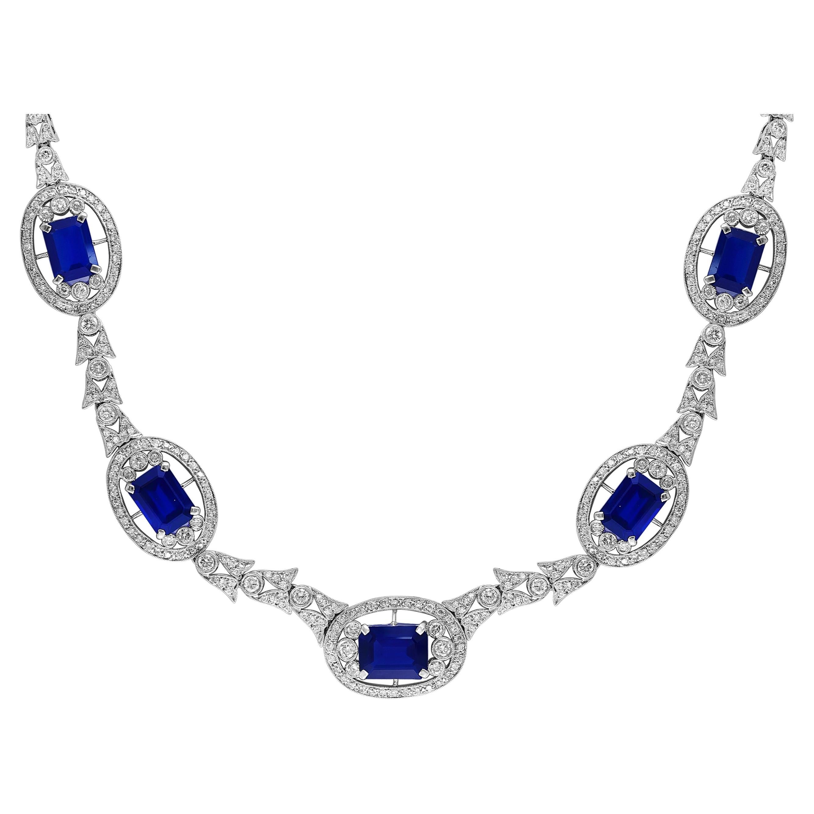 GIA Certified Natural Blue Sapphire & Diamond Necklace 18 Kt White Gold, Estate