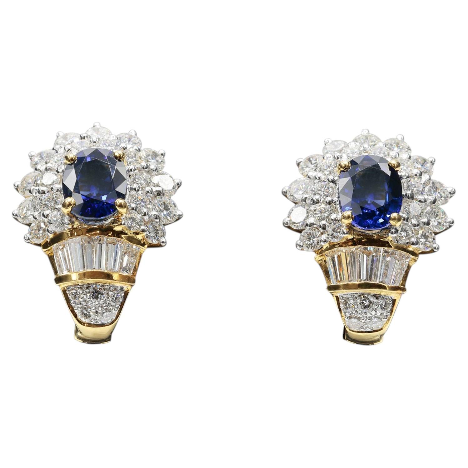 GIA Certified Natural Blue Sapphire & Diamond Yellow Gold Earrings For Sale
