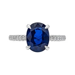 Bague de fiançailles avec pierres latérales et saphir bleu naturel certifié GIA de 3,84 carats