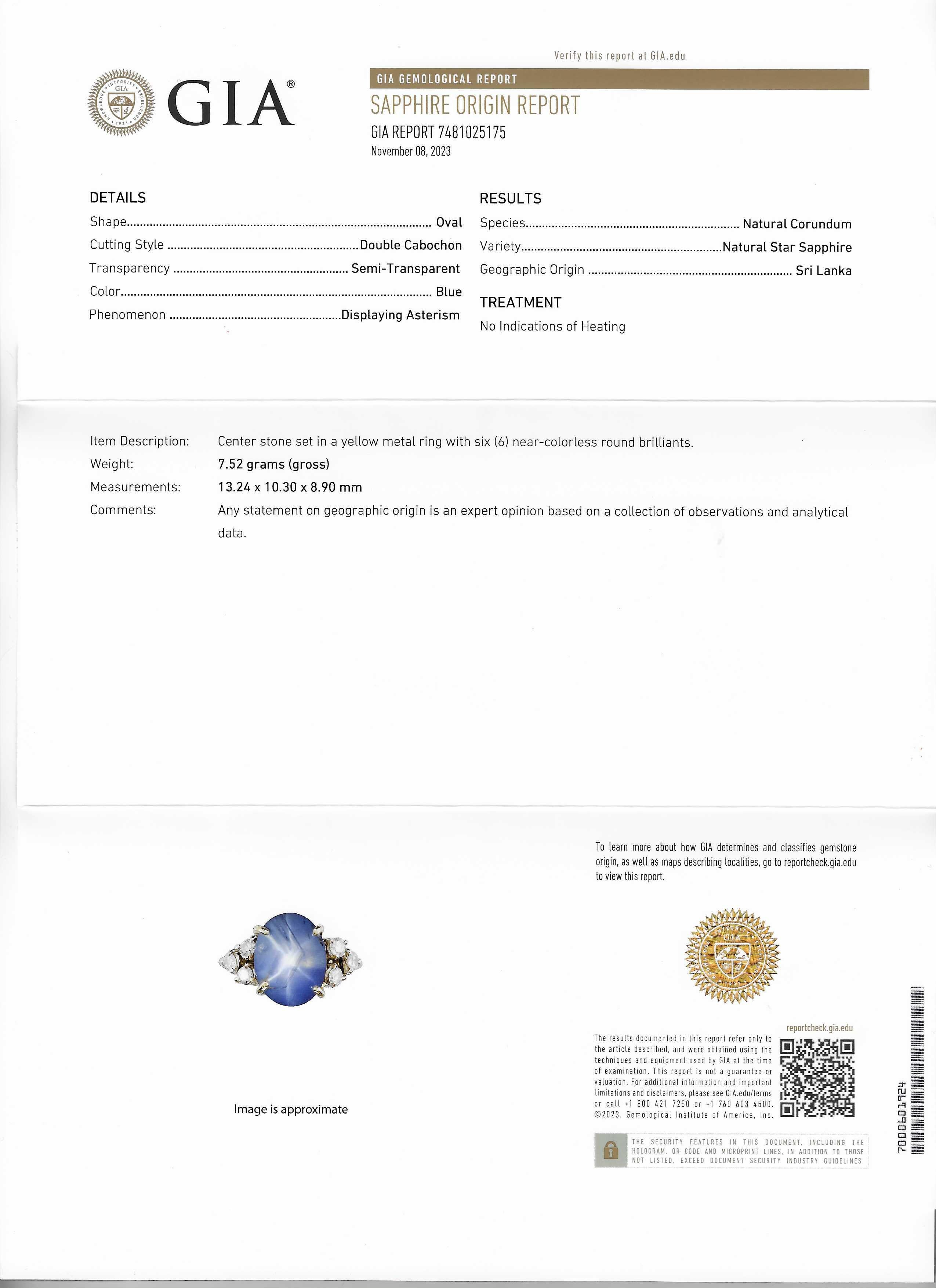 Women's GIA Certified Natural  Blue Star  Ceylon (Sri Lanka) Sapphire and Diamond Ring  For Sale