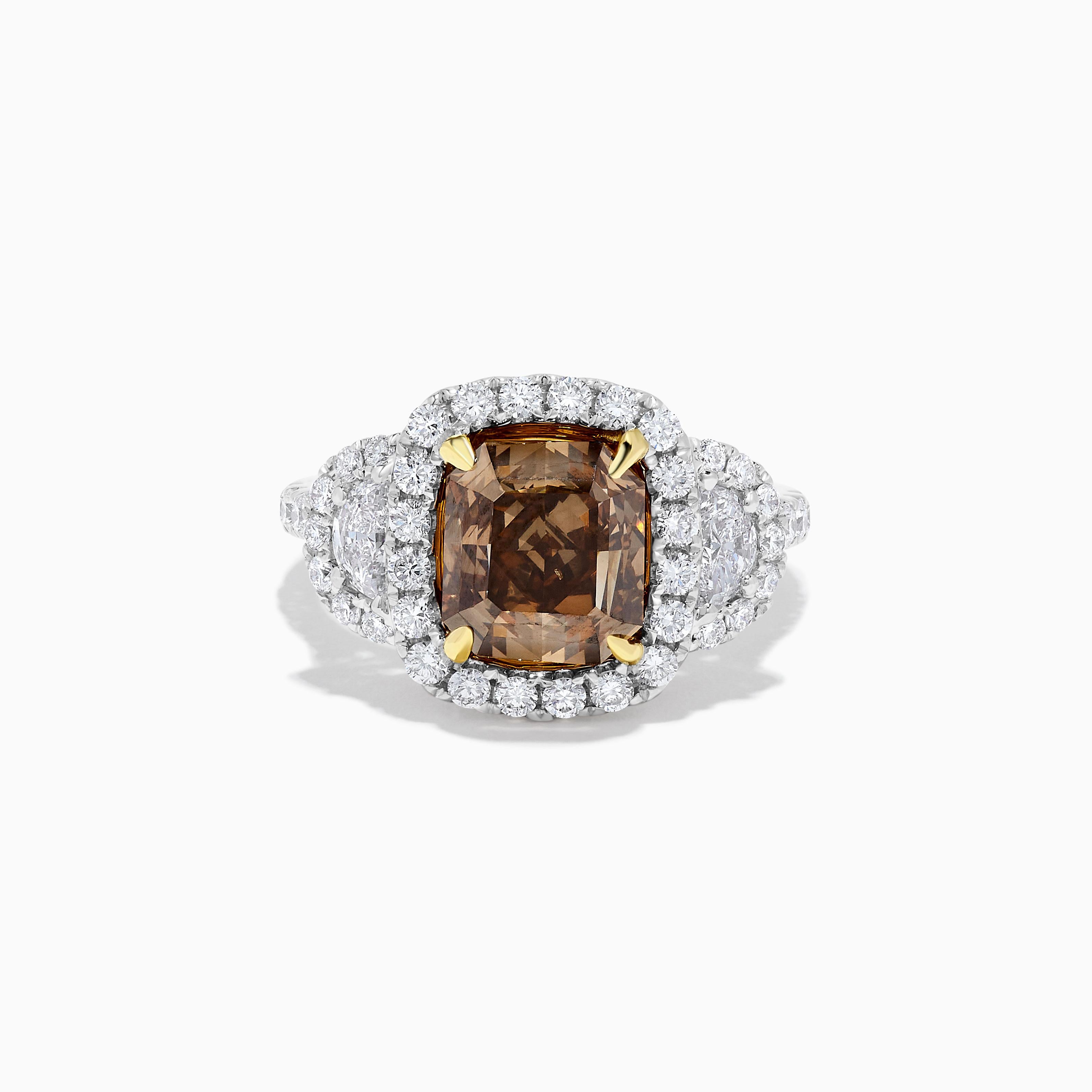 RareGemWorld's classic GIA certified diamond ring. Mounted in a beautiful 18K Yellow and White Gold setting with a natural asscher cut brown diamond. The brown diamond is surrounded by natural trapezoid cut white diamonds and round natural white