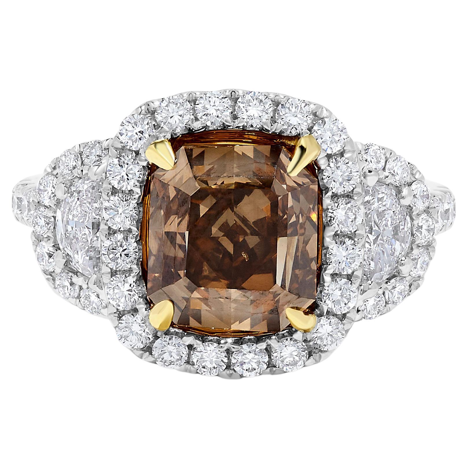 GIA Certified Natural Brown Asscher Cut Diamond 4.97 Carat TW Gold Cocktail Ring For Sale