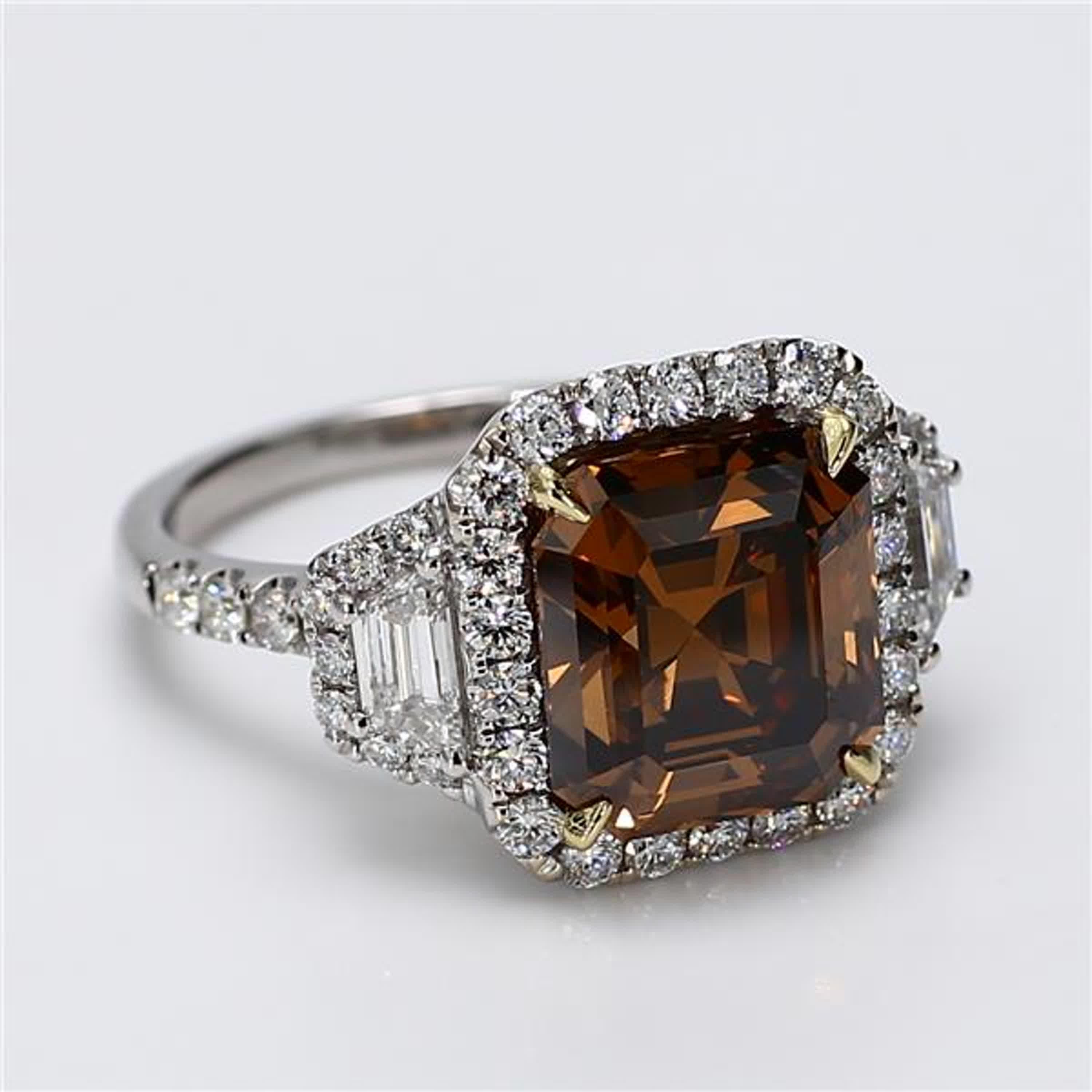 GIA Certified Natural Brown Emerald Cut Diamond 6.40 Carat TW Gold Cocktail Ring For Sale 2