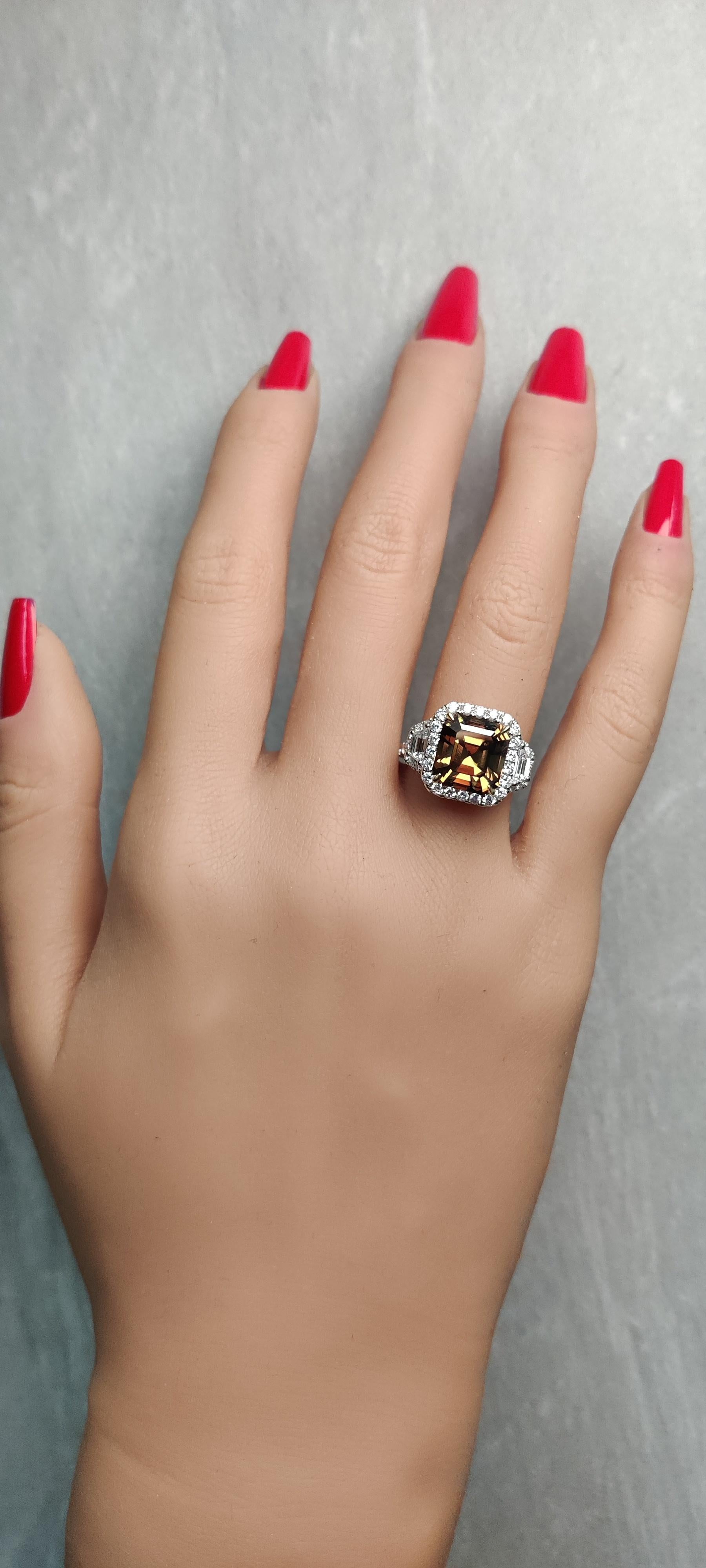GIA Certified Natural Brown Emerald Cut Diamond 6.40 Carat TW Gold Cocktail Ring For Sale 3