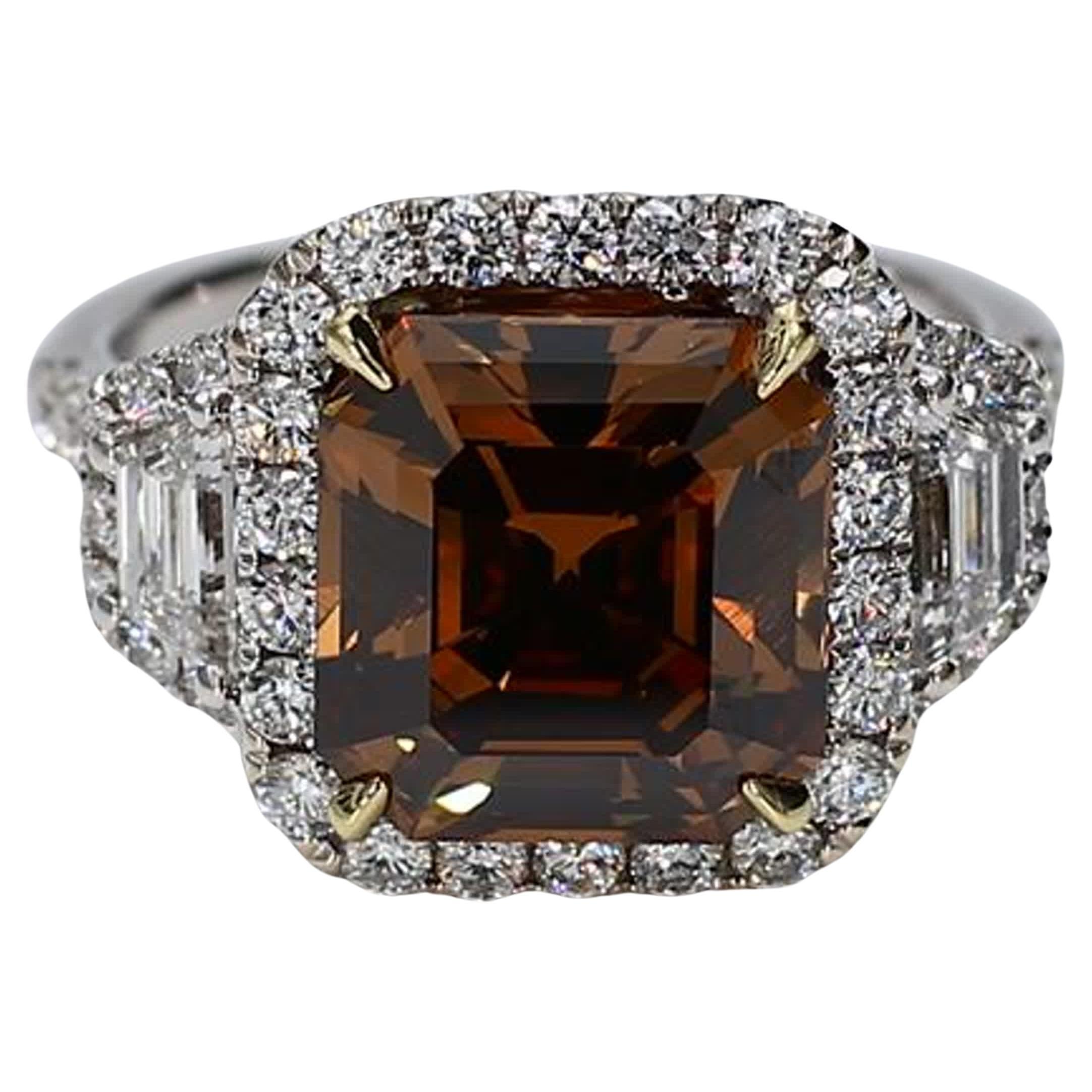 GIA Certified Natural Brown Emerald Cut Diamond 6.40 Carat TW Gold Cocktail Ring