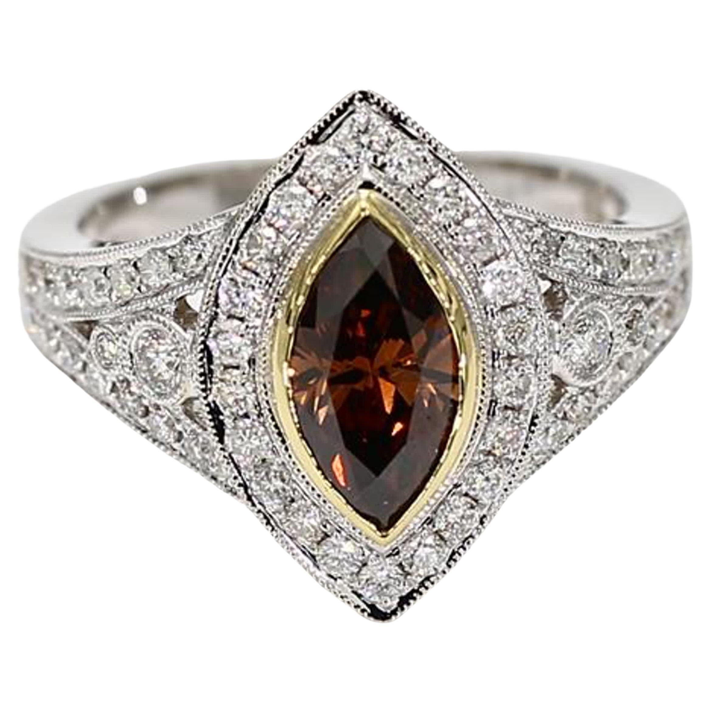 GIA Certified Natural Brown Marquise Diamond 1.63 Carat TW Gold Cocktail Ring For Sale