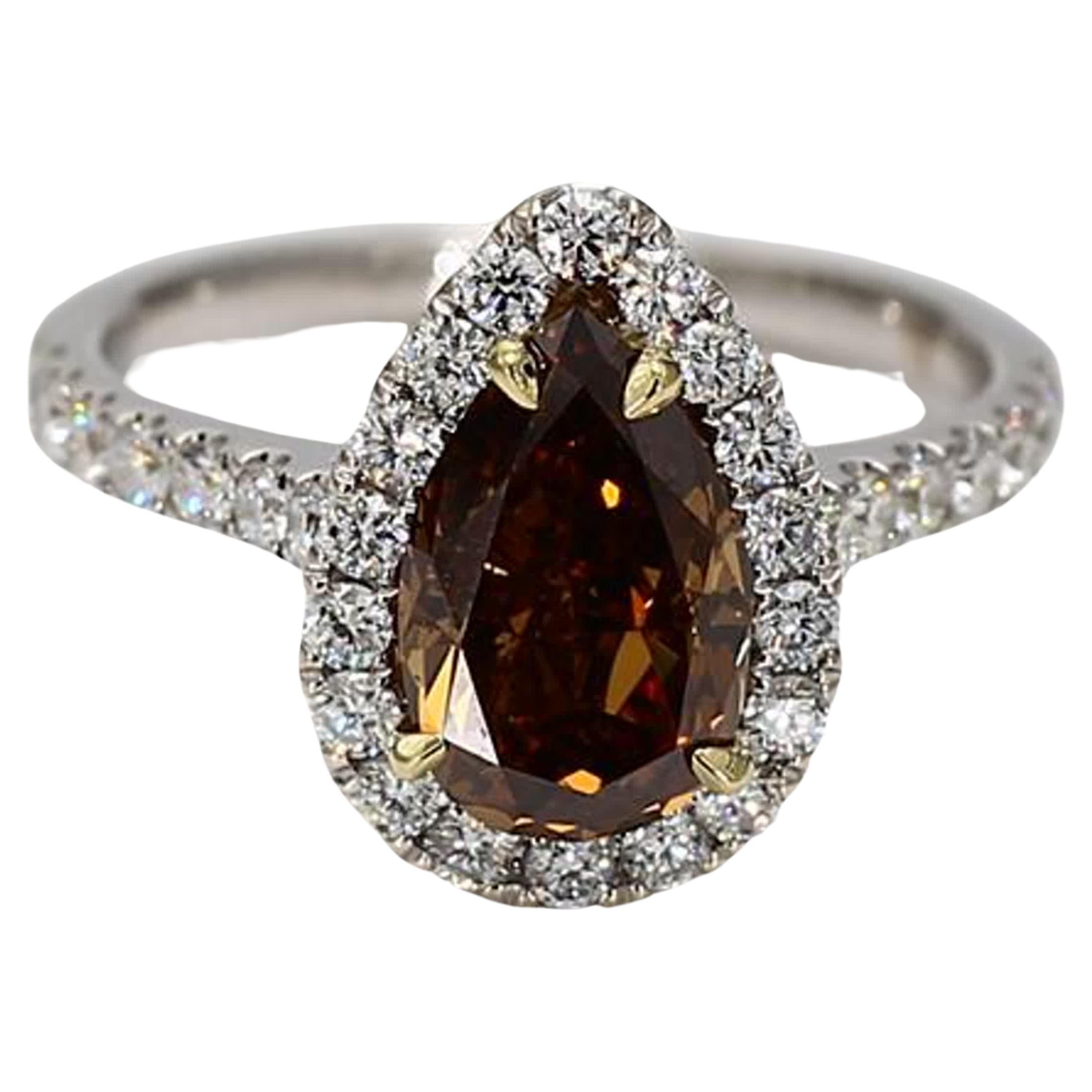 GIA Certified Natural Brown Pear Diamond 2.64 Carat TW Gold Cocktail Ring