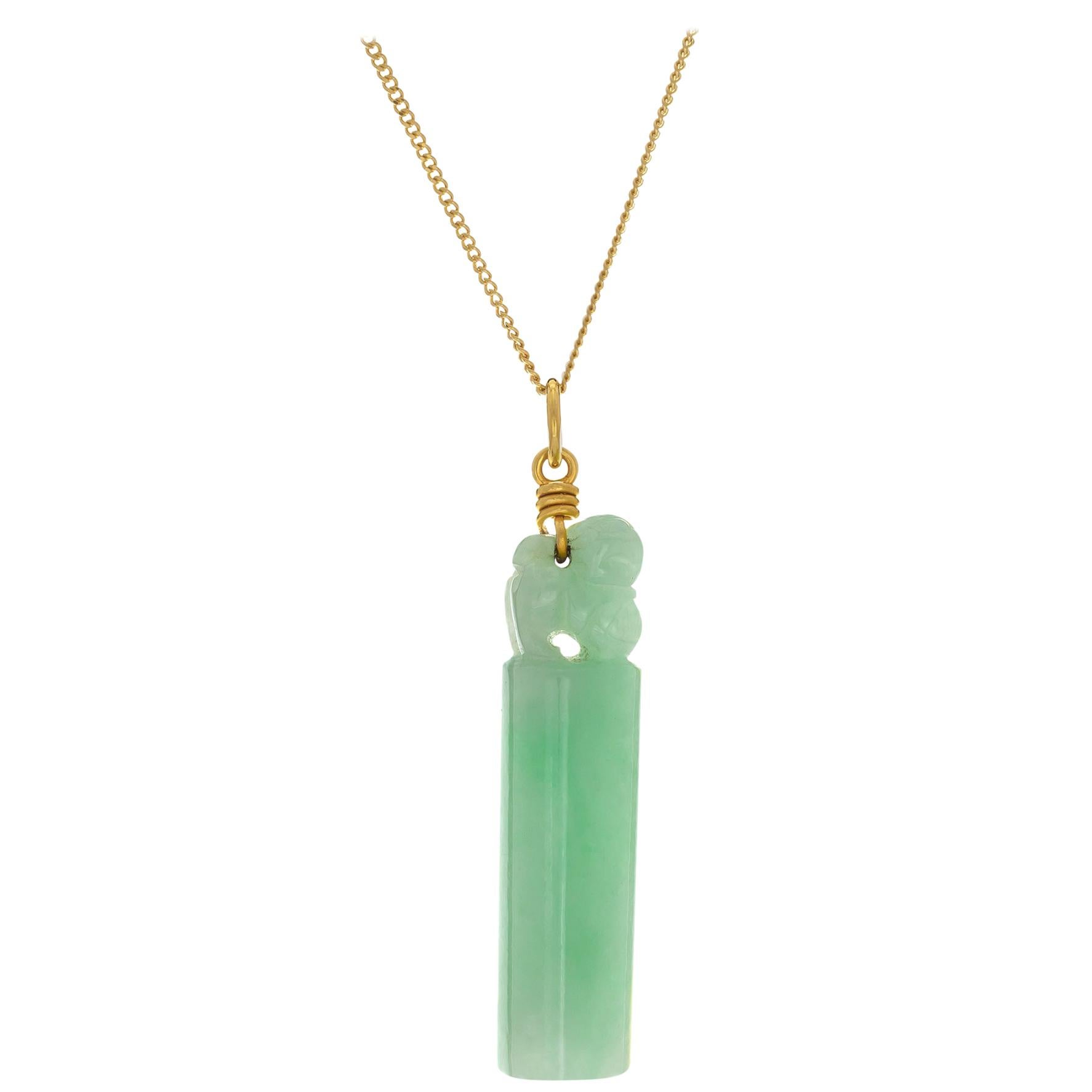 GIA Certified Natural Carved Jadeite Jade Tube Gold Pendant Necklace For Sale