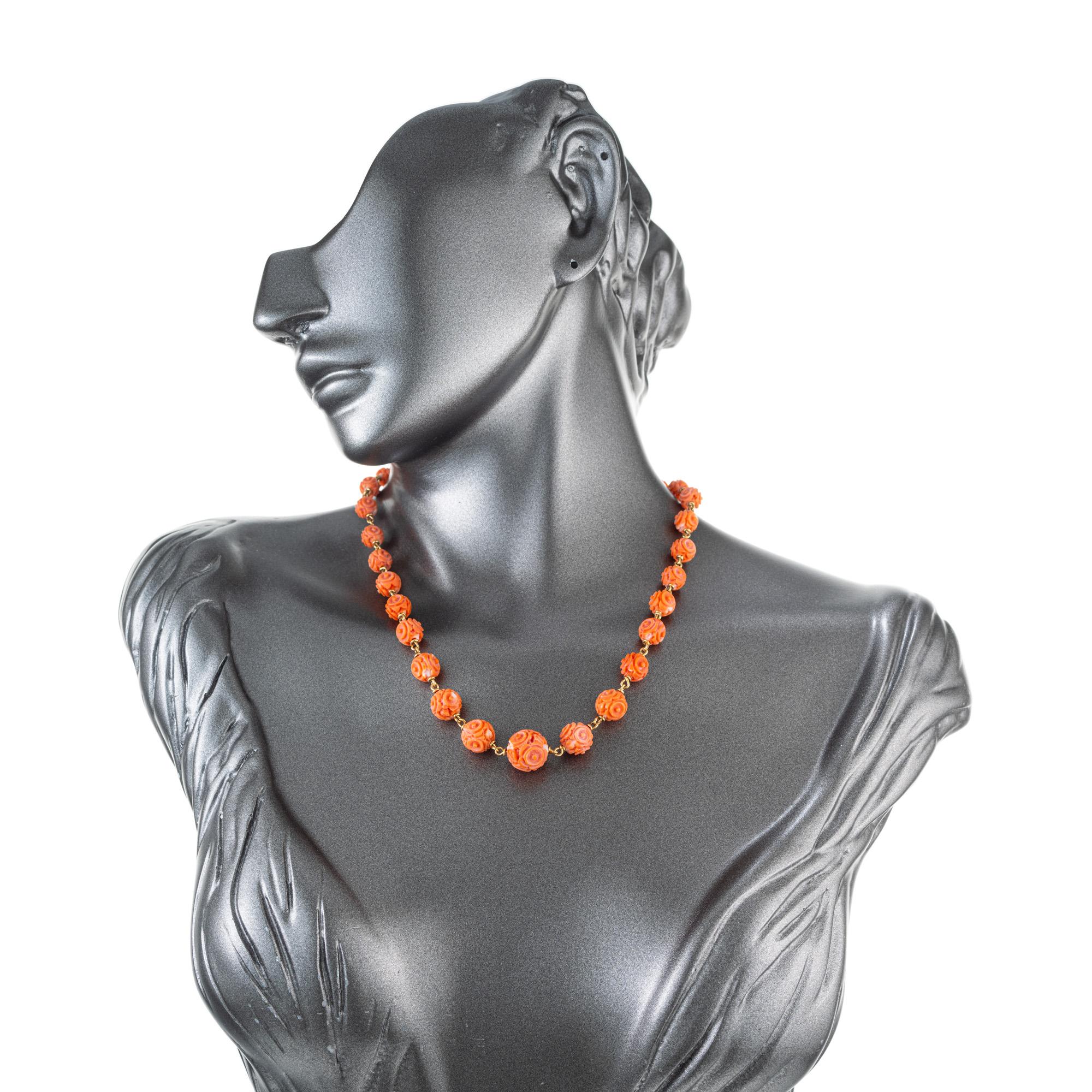 Round Cut GIA Certified Natural Carved Orange Coral Yellow Gold Necklace 