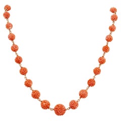 GIA Certified Natural Carved Orange Coral Yellow Gold Necklace 