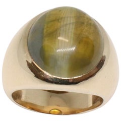 GIA Certified Natural Cat's-Eye Chrysoberyl 14 Karat Oval Cabochon Ring