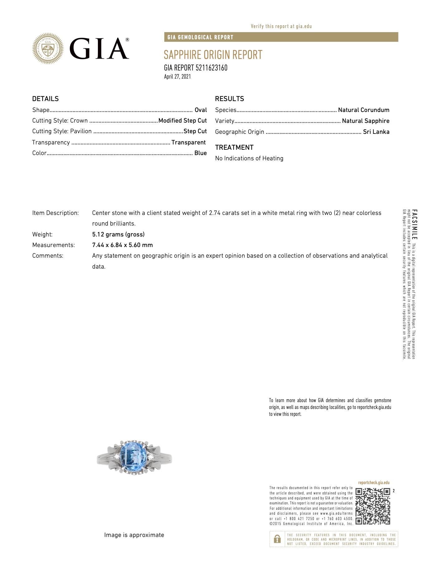 GIA-zertifizierter natürlicher Ceylon-Saphir-Ring 2,74 Karat Platin (Art déco)