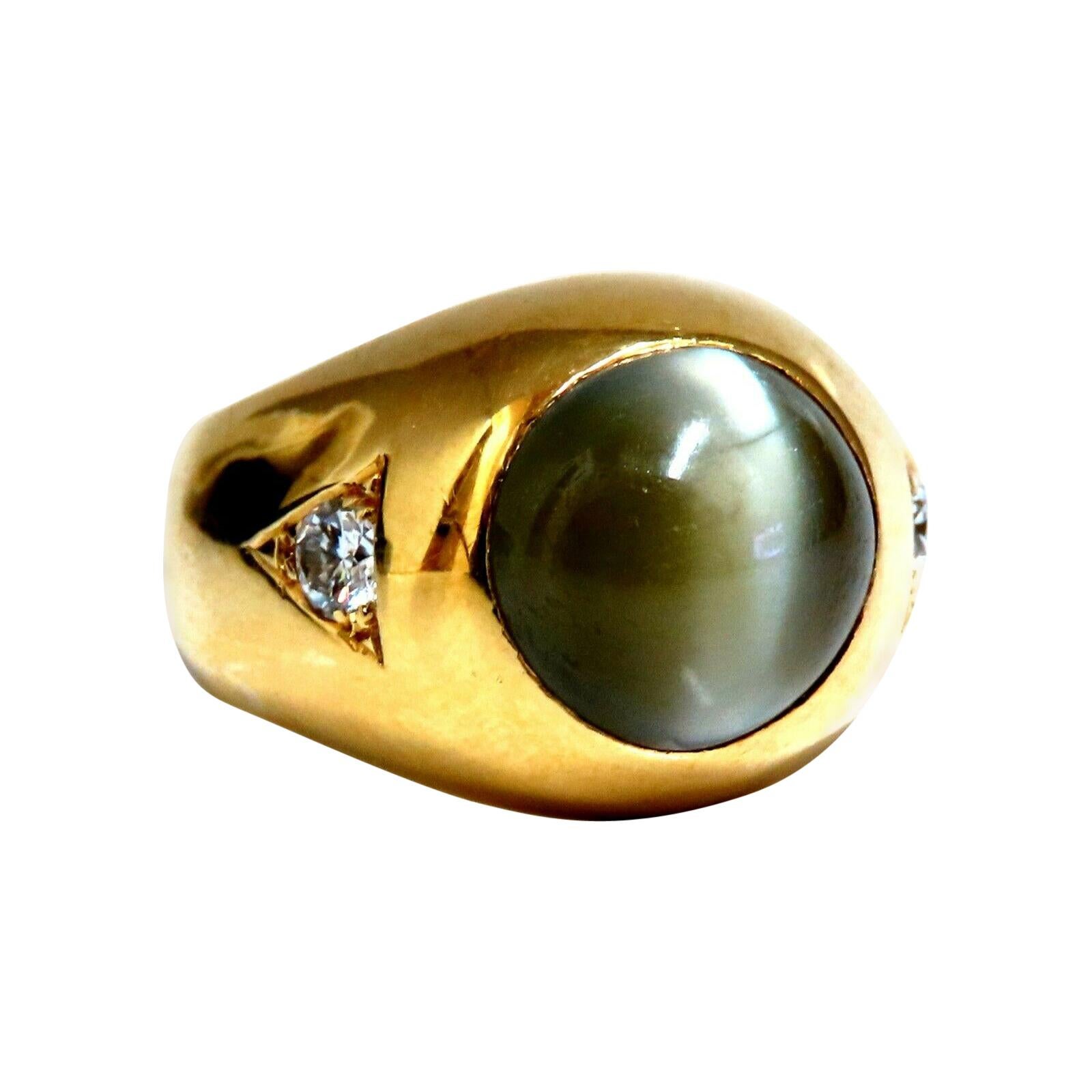 GIA Certified Natural Chrysoberyl Cats Eye Mens Diamond Signet Ring 18kt For Sale