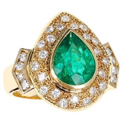 Vintage GIA Certified Natural Colombian Emerald Cocktail Ring with Diamonds, 18K
