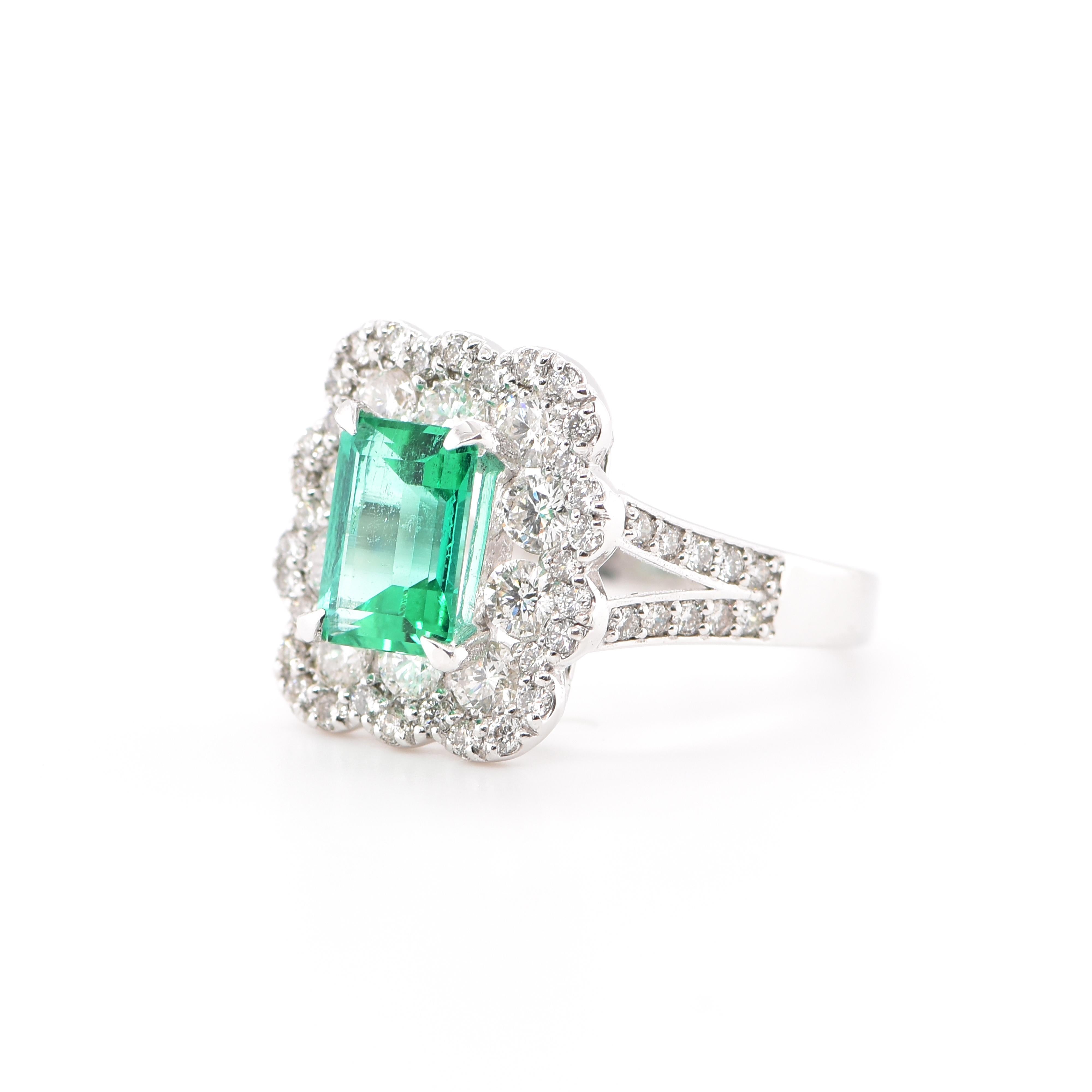 A stunning Ring featuring a 1.23 Carat Natural, Colombian Emerald and 1.13 Carats of Diamond Accents set in Platinum. People have admired emerald’s green for thousands of years. Emeralds have always been associated with the lushest landscapes and