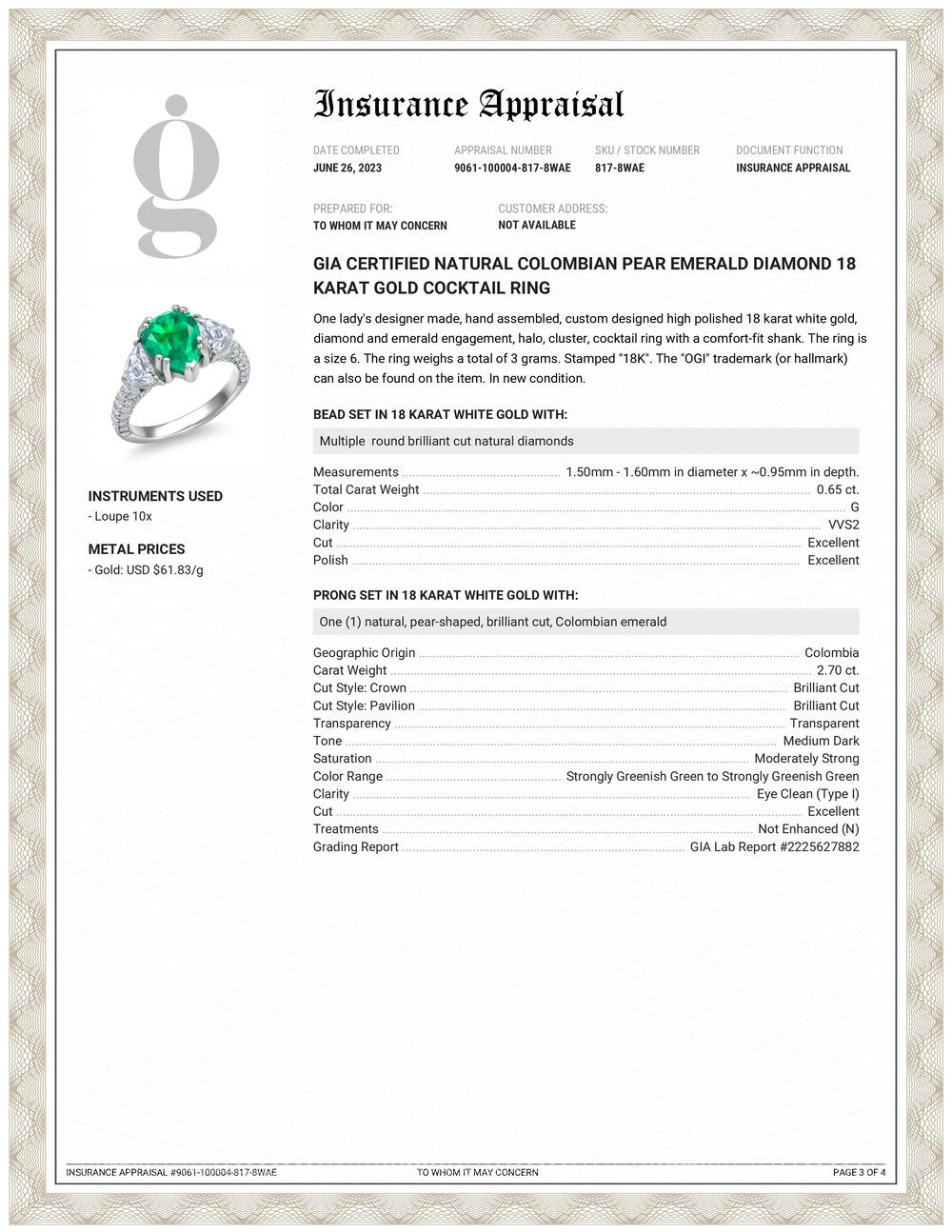 GIA-zertifizierter kolumbianischer birnenförmiger Smaragd-Diamant-Ring aus 18 Karat Gold mit 3,35 Karat (Zeitgenössisch) im Angebot