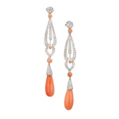 GIA Certified Natural Coral Diamond Platinum Dangle Drop Earrings