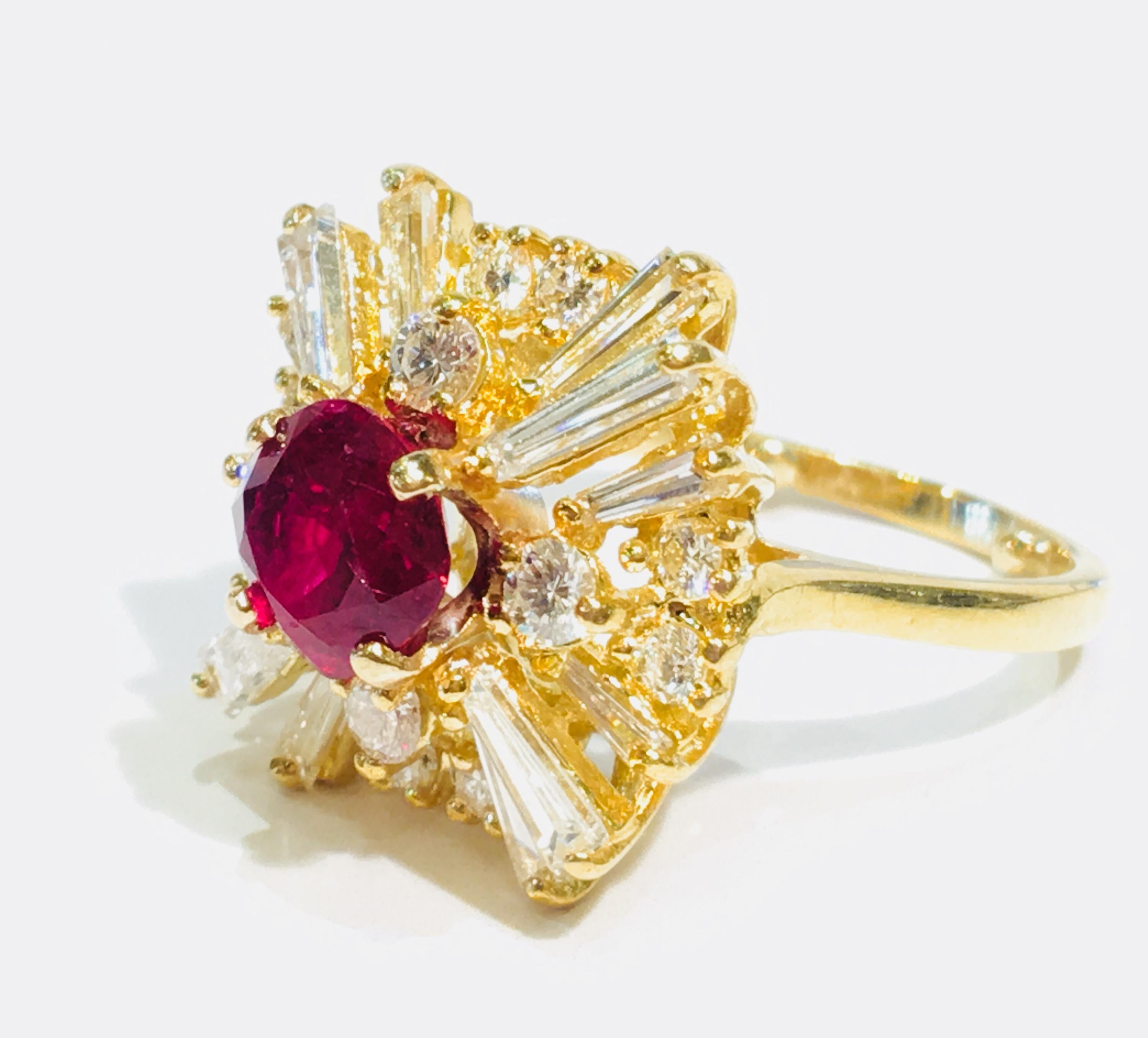 GIA Certified Natural Ruby and Diamond 6.10 Carat 18K Yellow Gold Ballerina Ring For Sale 1