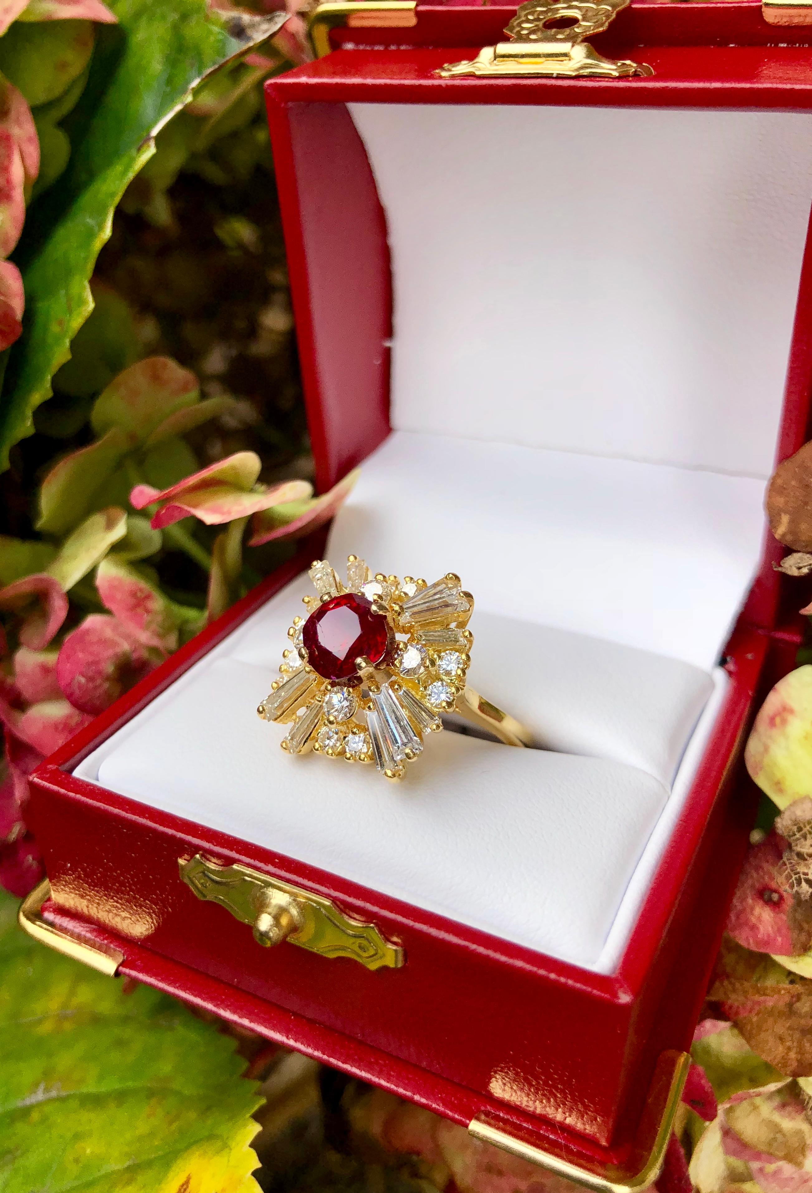 GIA-zertifizierter Ballerina-Ring mit natürlichem Rubin und Diamant 6,10 Karat 18K Gelbgold im Zustand „Hervorragend“ im Angebot in Tustin, CA