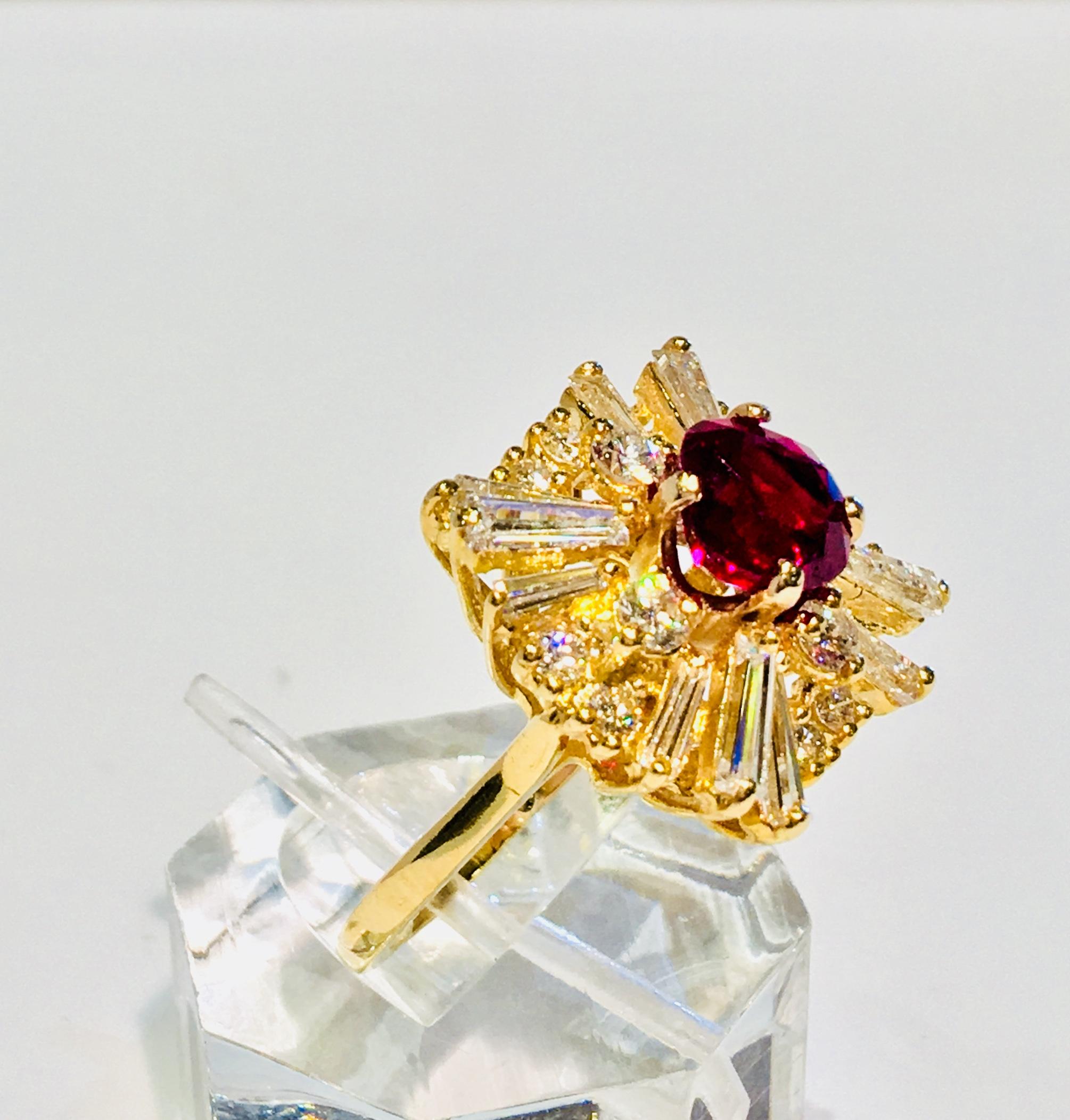 GIA Certified Natural Ruby and Diamond 6.10 Carat 18K Yellow Gold Ballerina Ring For Sale 3