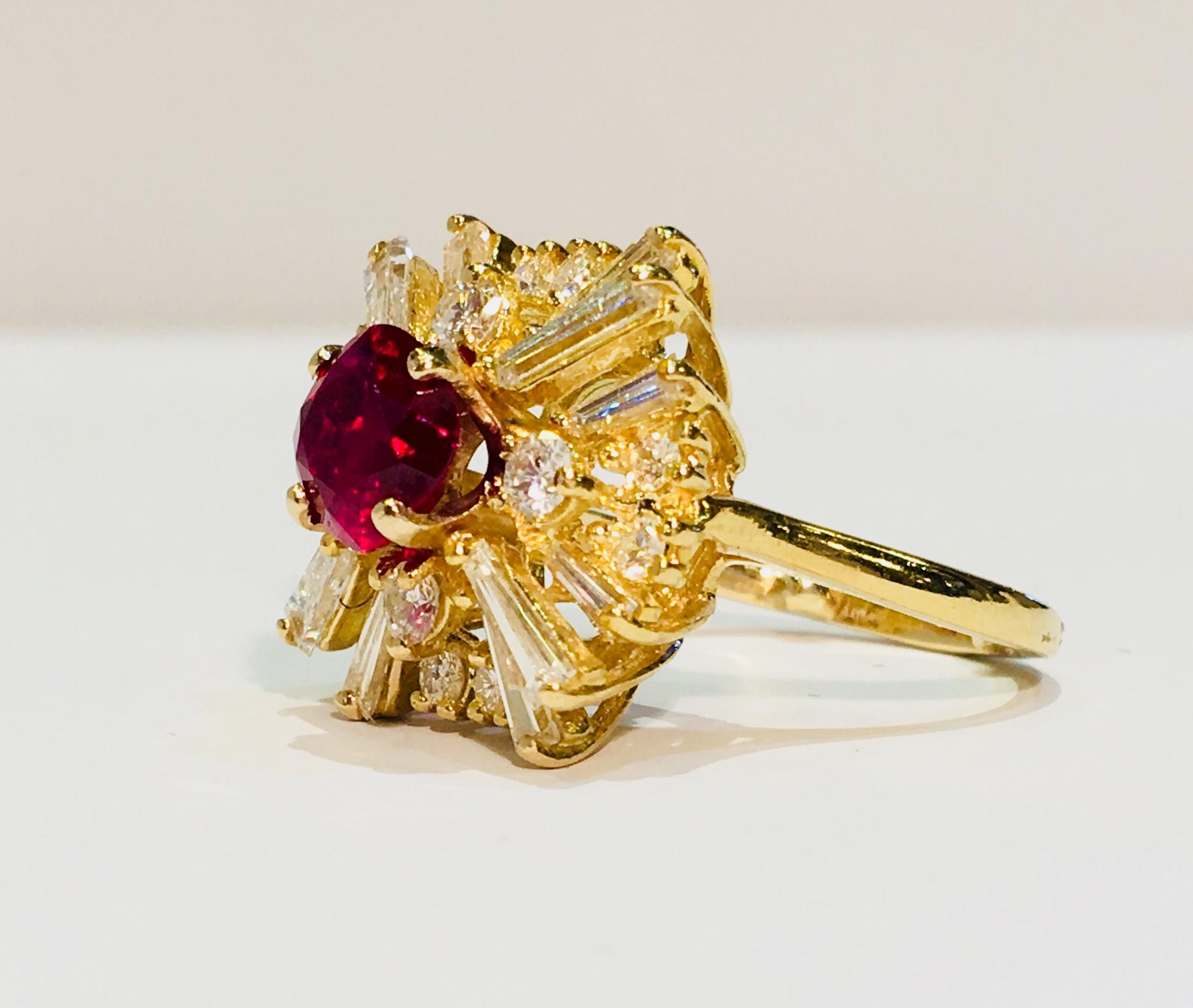 GIA Certified Natural Ruby and Diamond 6.10 Carat 18K Yellow Gold Ballerina Ring For Sale 4