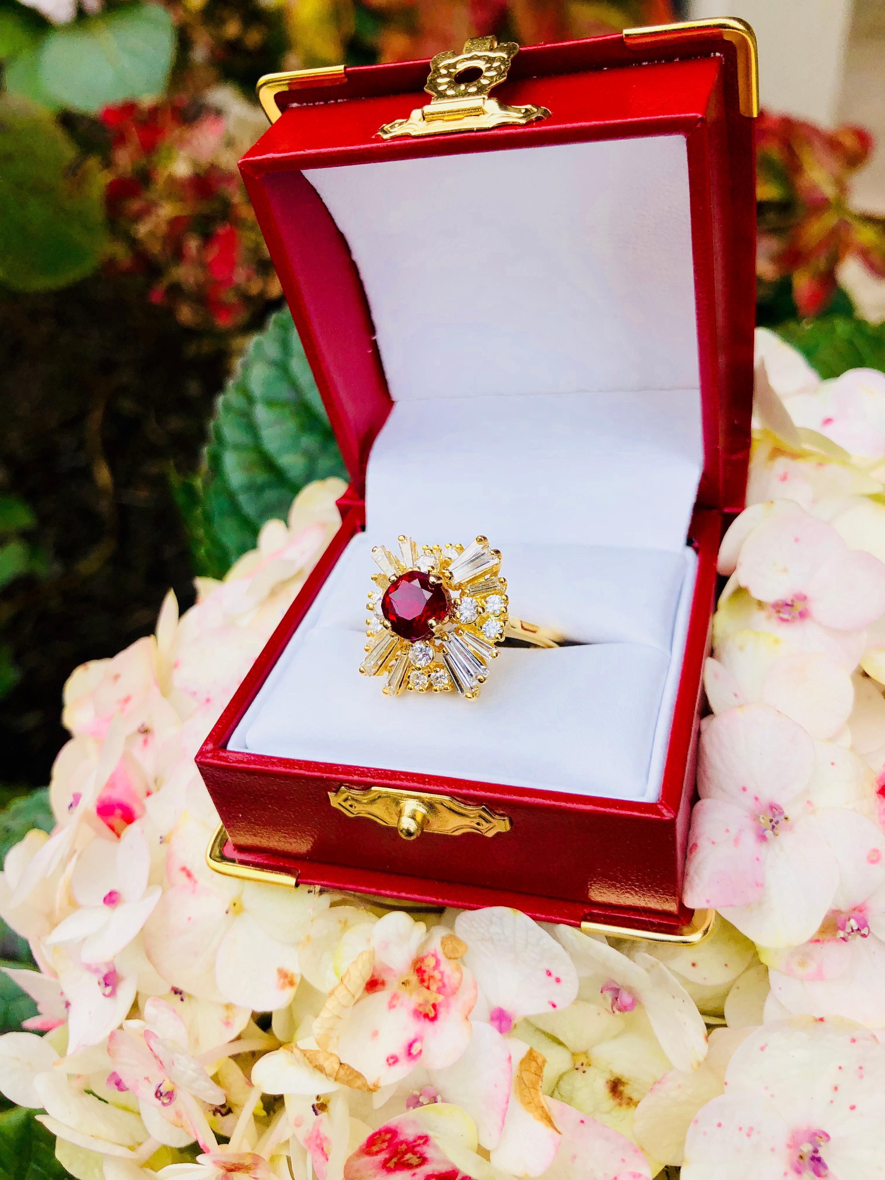 Cushion Cut GIA Certified Natural Ruby and Diamond 6.10 Carat 18K Yellow Gold Ballerina Ring For Sale
