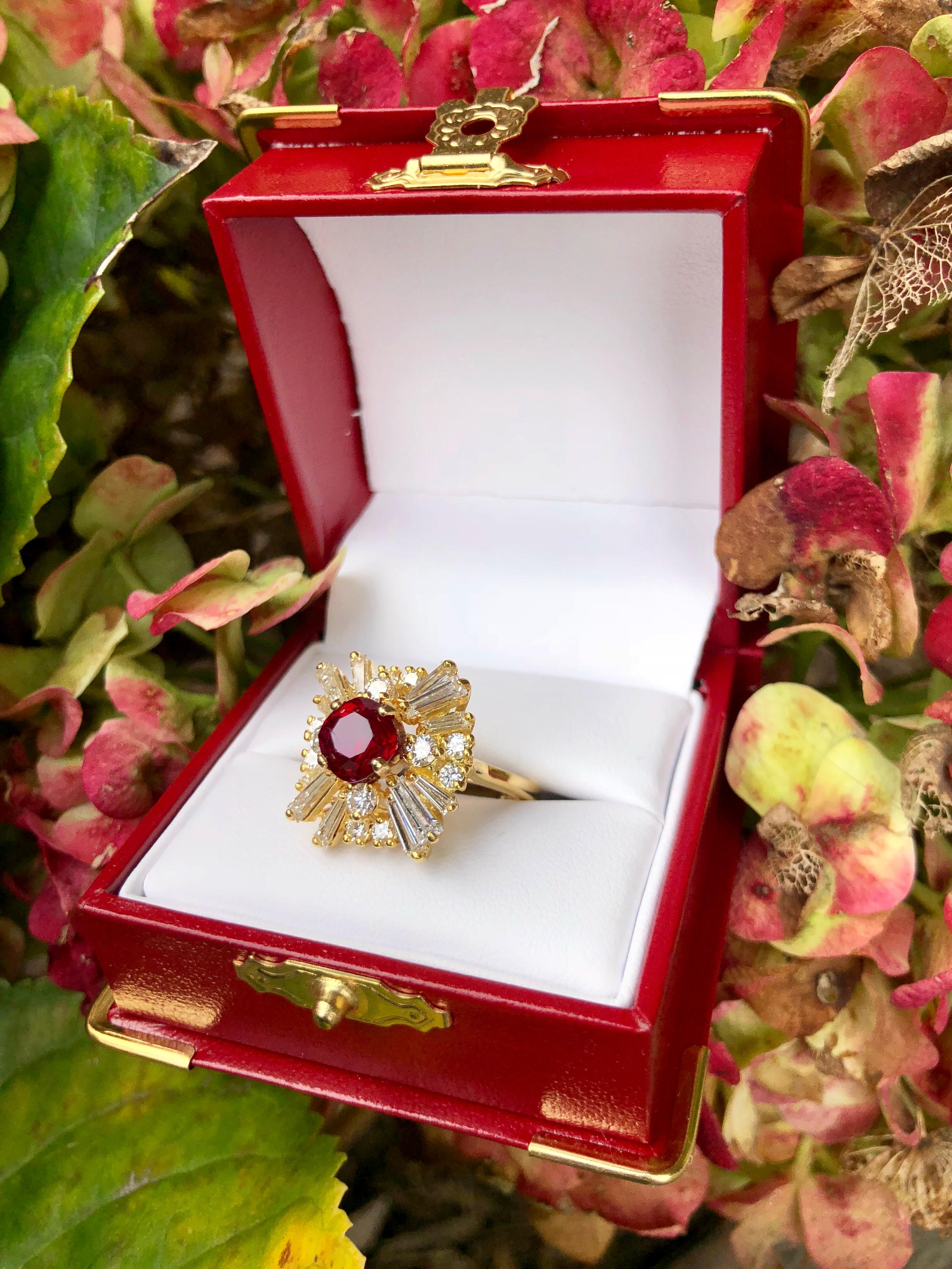 GIA Certified Natural Ruby and Diamond 6.10 Carat 18K Yellow Gold Ballerina Ring In Excellent Condition For Sale In Tustin, CA