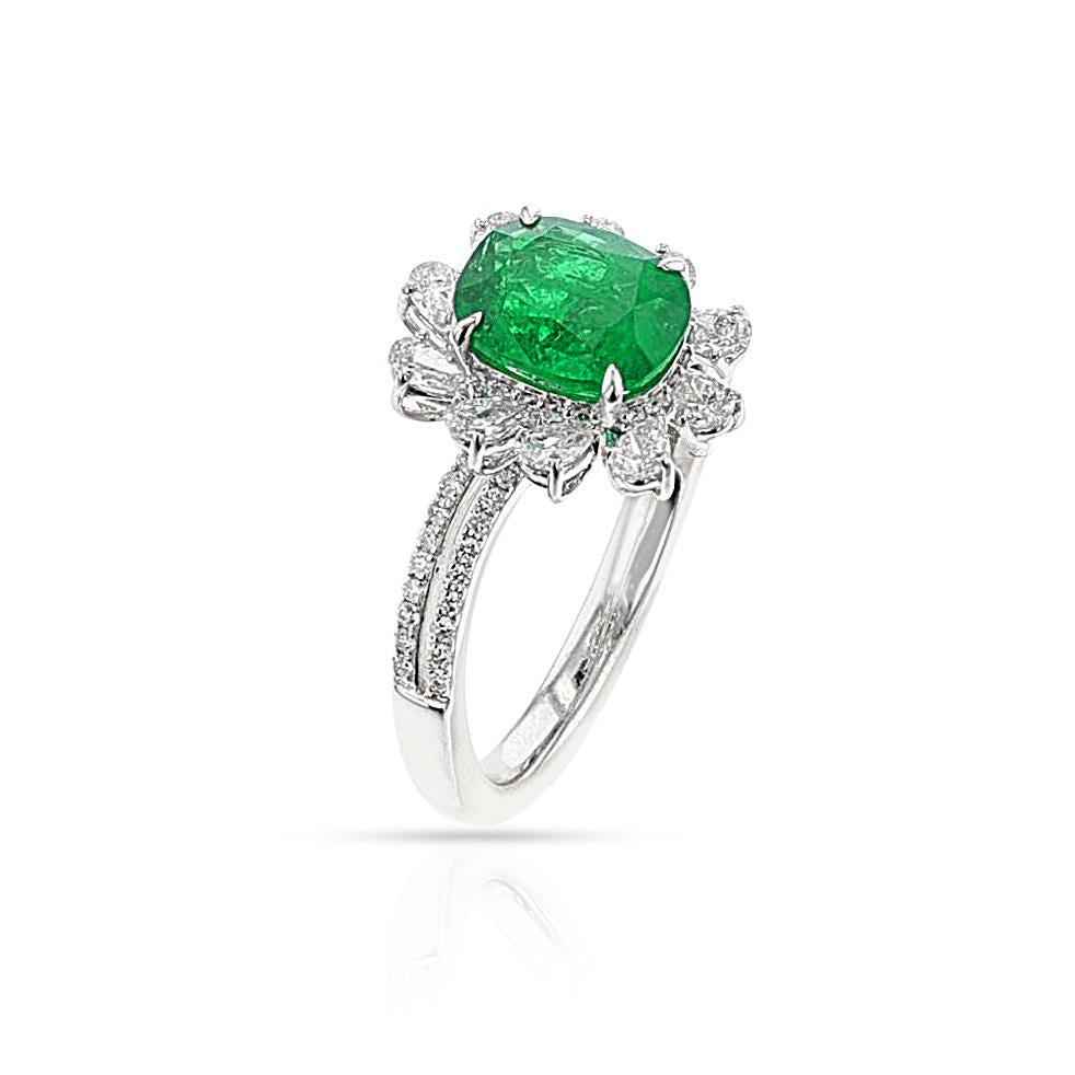 Cushion Cut GIA Certified Natural Cushion-Cut Emerald and Diamond Ring, 18k For Sale