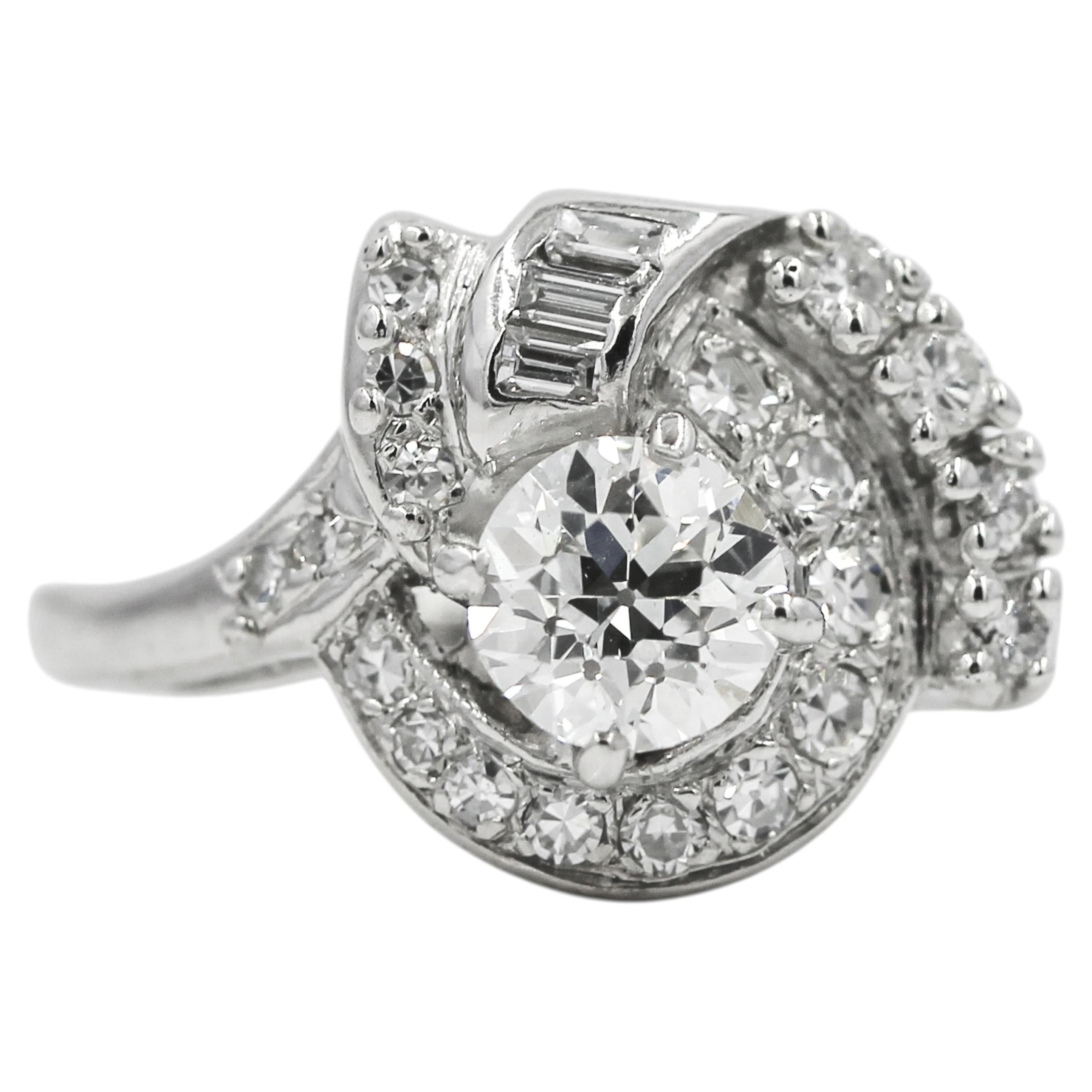 GIA Certified Natural Diamond 1.07 CT European Cut 14 Karat White Gold Retro