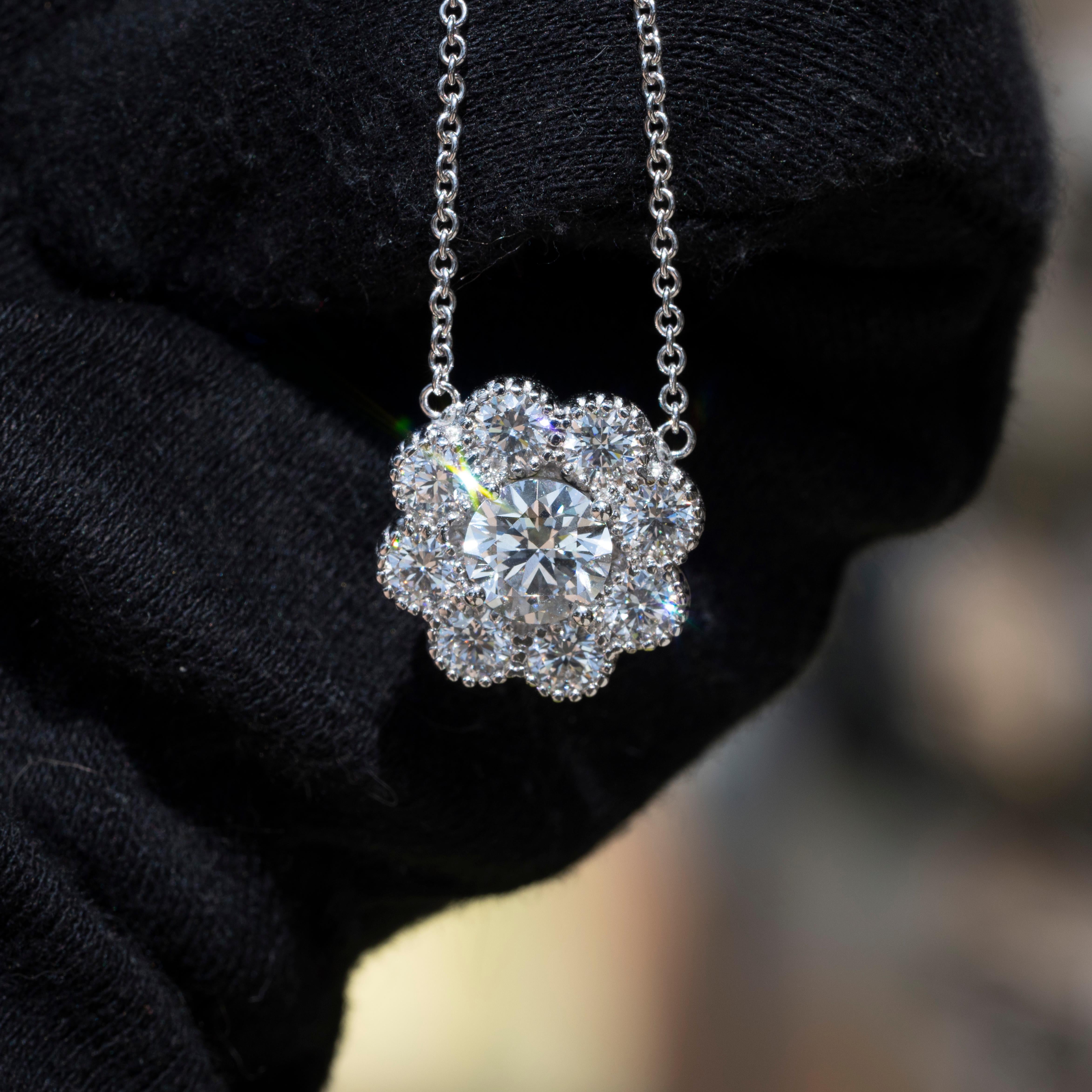 GIA Certified Natural Diamond Halo Necklace In New Condition In Boca Raton, FL