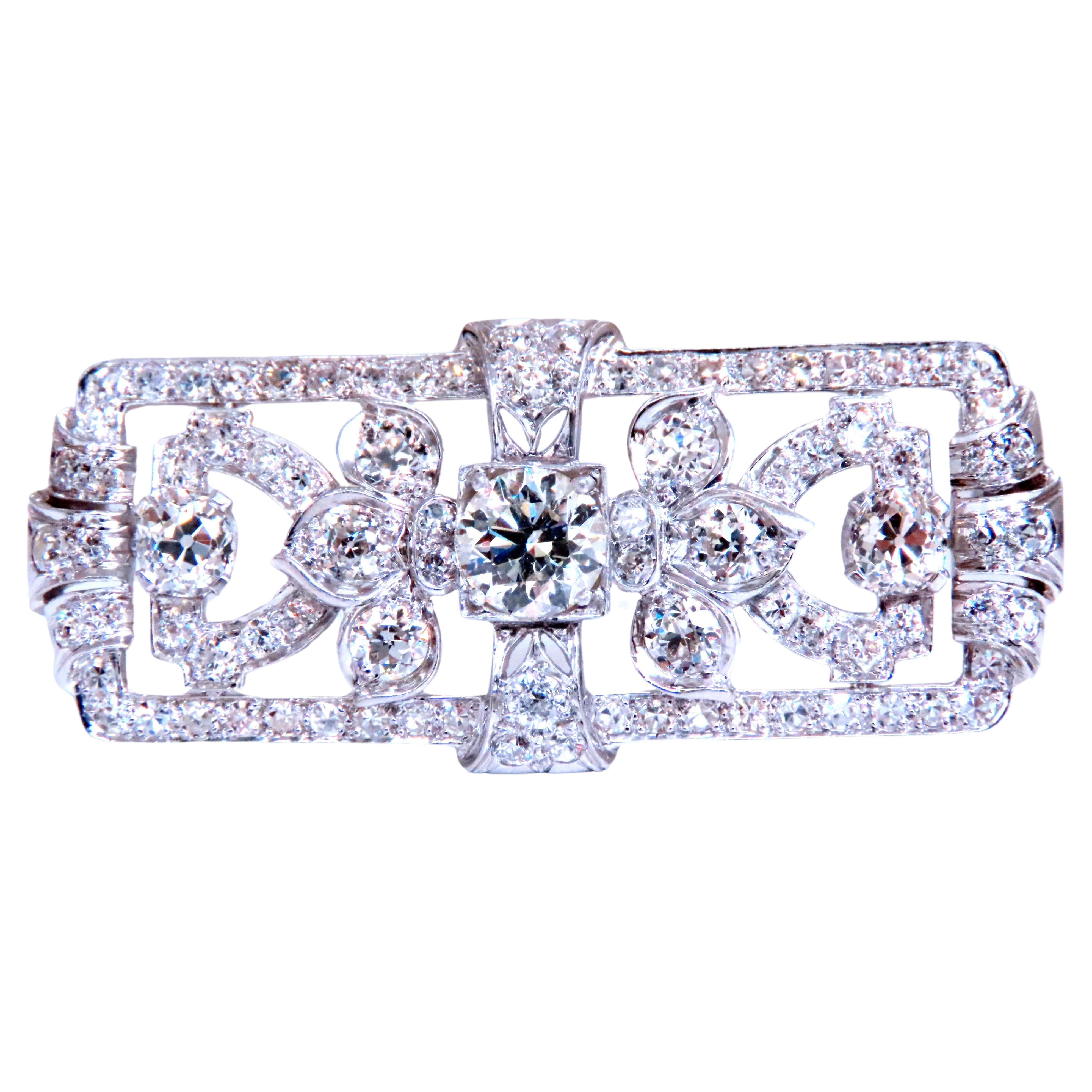 GIA Certified Natural Diamond Vintage Deco Pin Brooch Platinum 12418