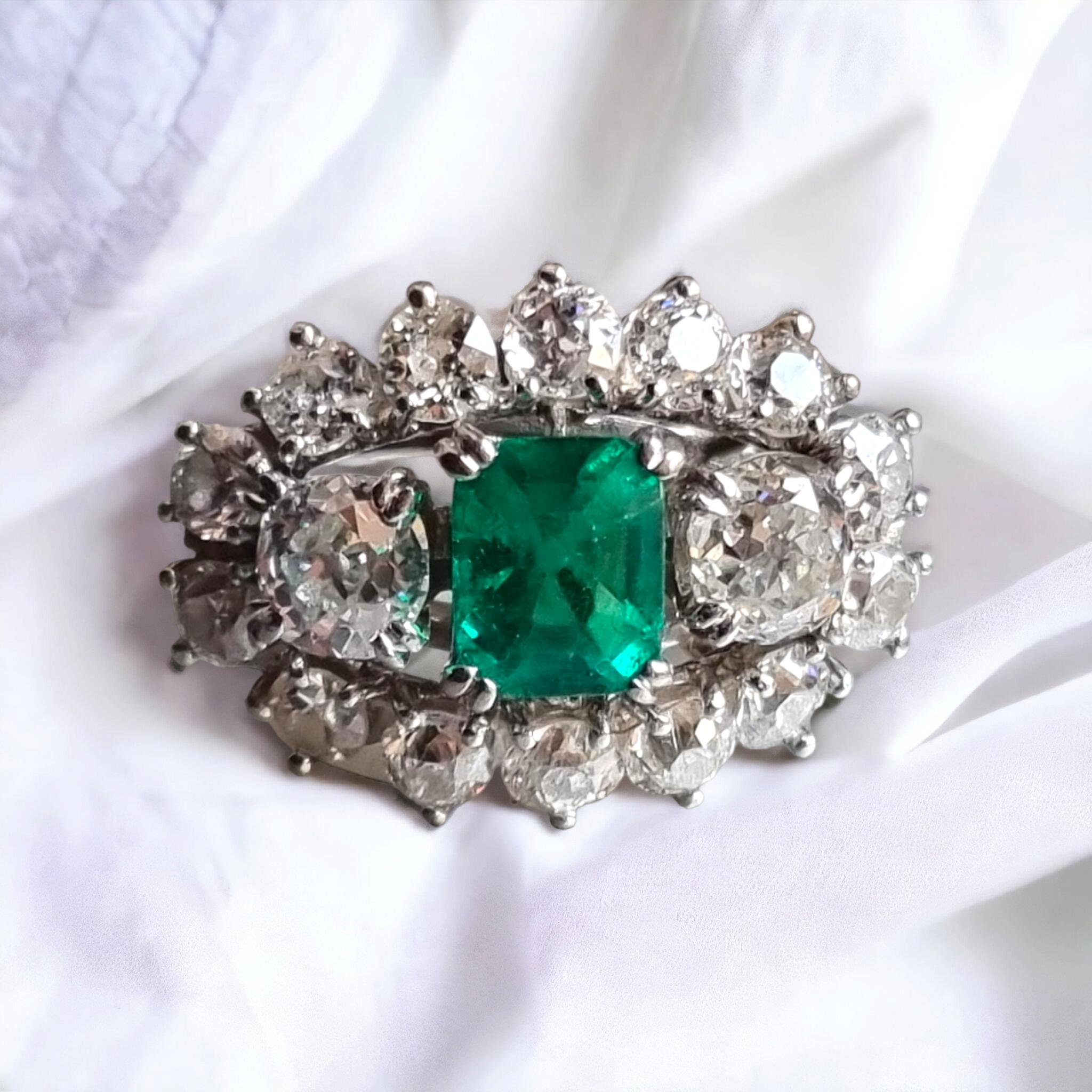 GIA Certified Natural Emerald &Old Cut Diamond Three Stone Cluster Platinum Ring For Sale 5