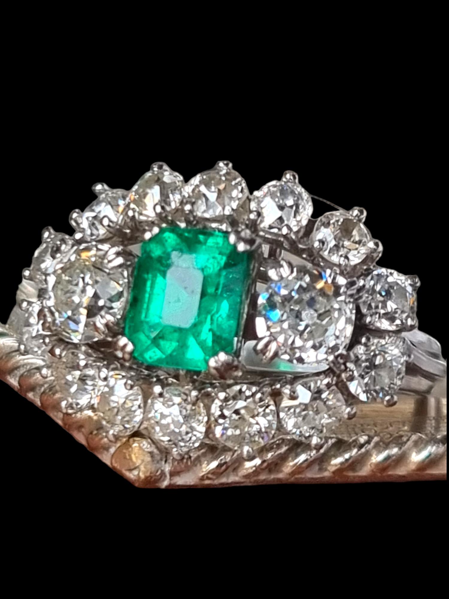 GIA Certified Natural Emerald &Old Cut Diamond Three Stone Cluster Platinum Ring For Sale 6