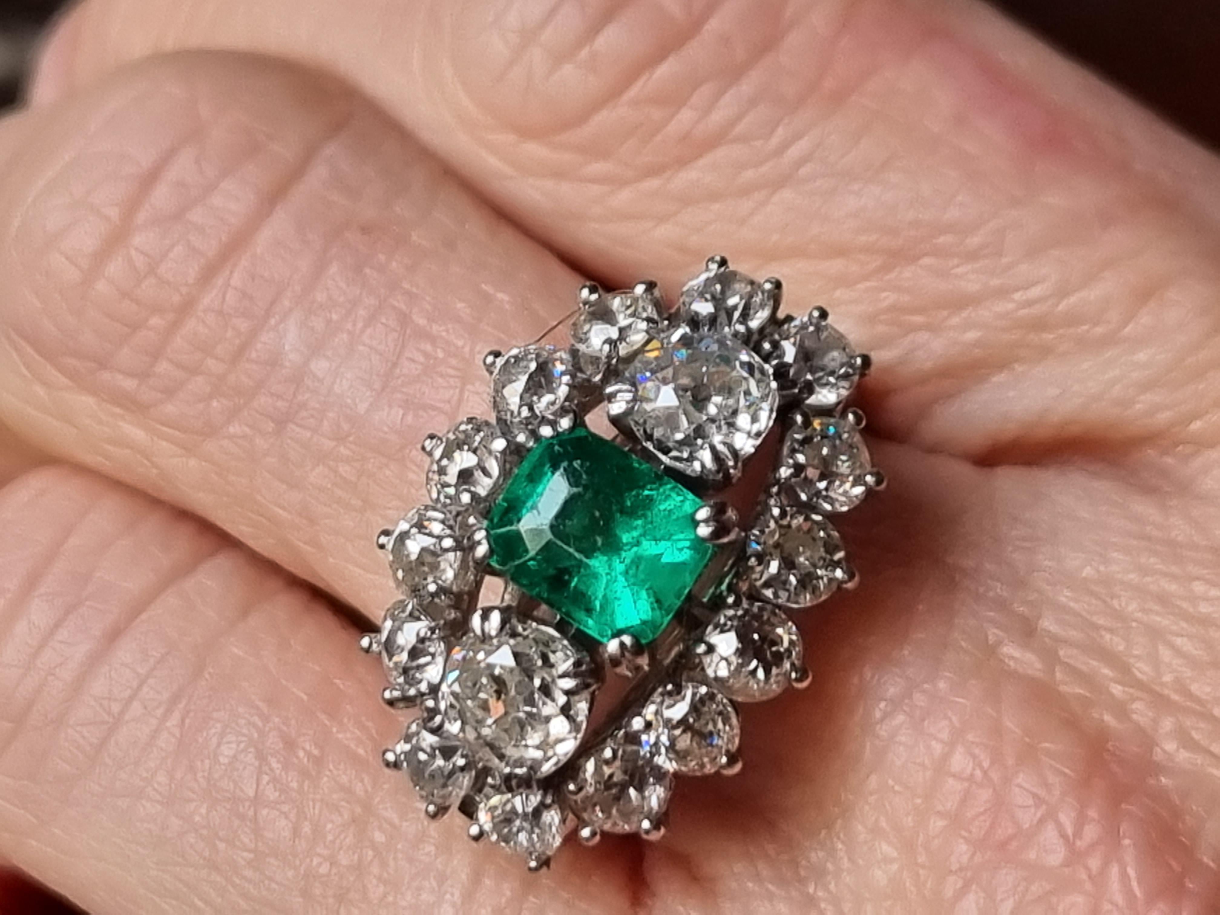 GIA Certified Natural Emerald &Old Cut Diamond Three Stone Cluster Platinum Ring For Sale 8