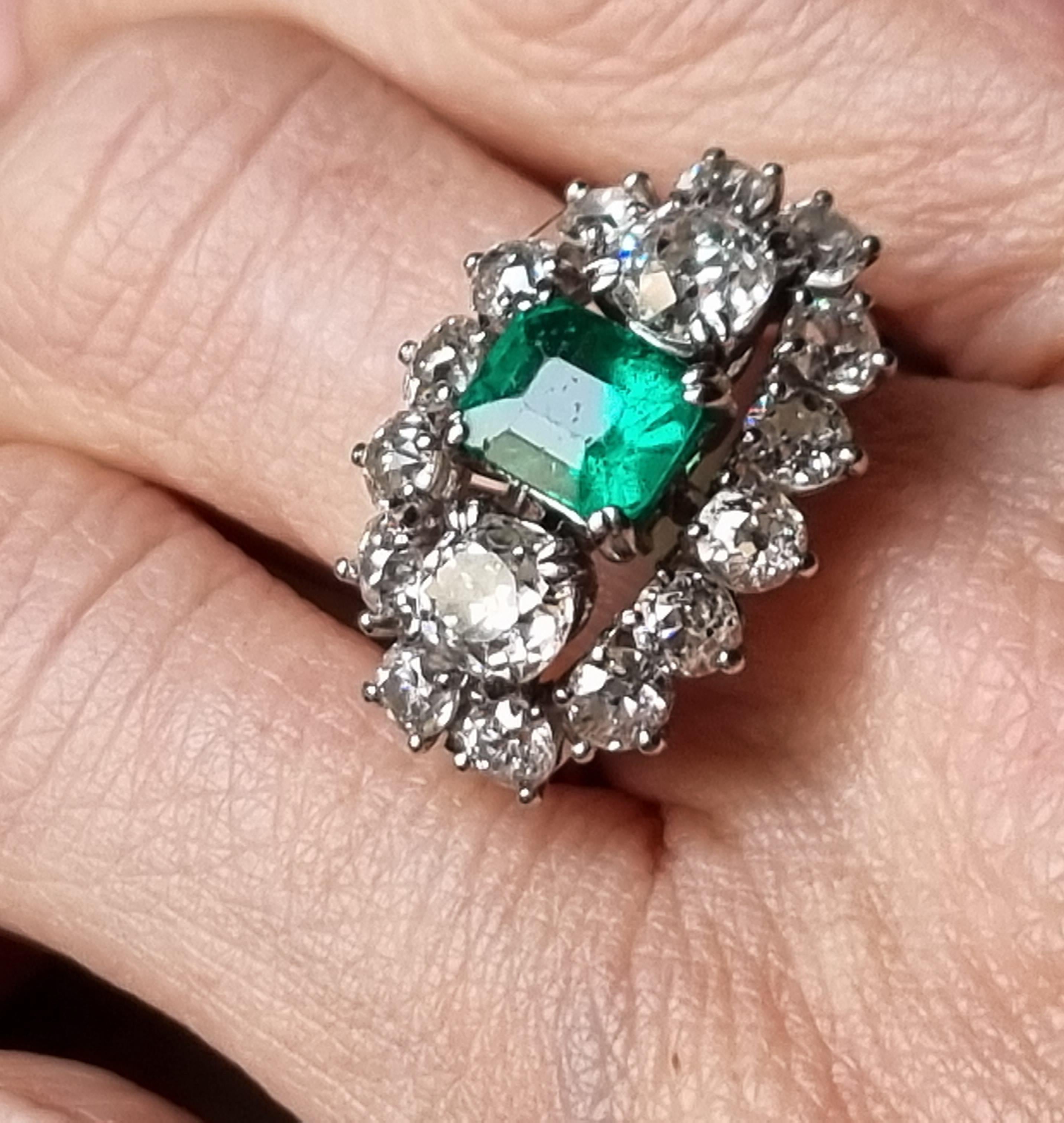 GIA Certified Natural Emerald &Old Cut Diamond Three Stone Cluster Platinum Ring For Sale 9