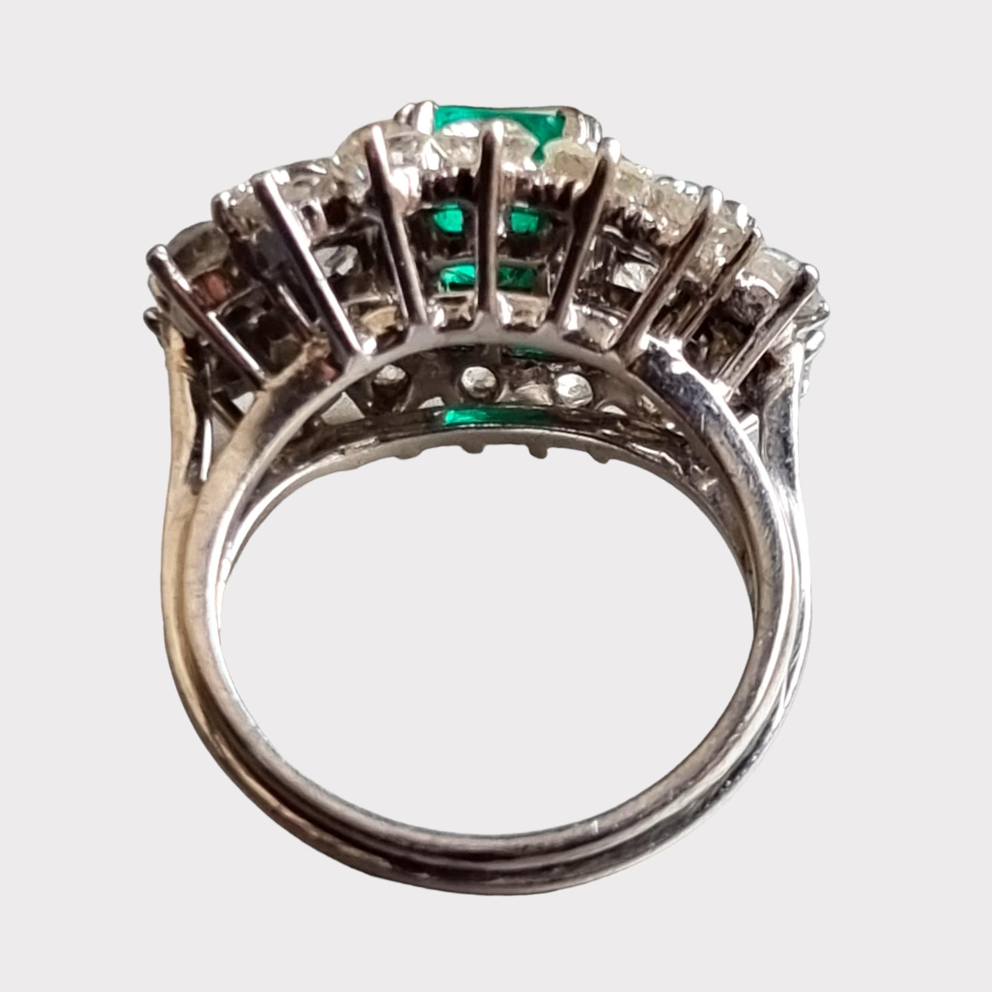 GIA Certified Natural Emerald &Old Cut Diamond Three Stone Cluster Platinum Ring For Sale 11