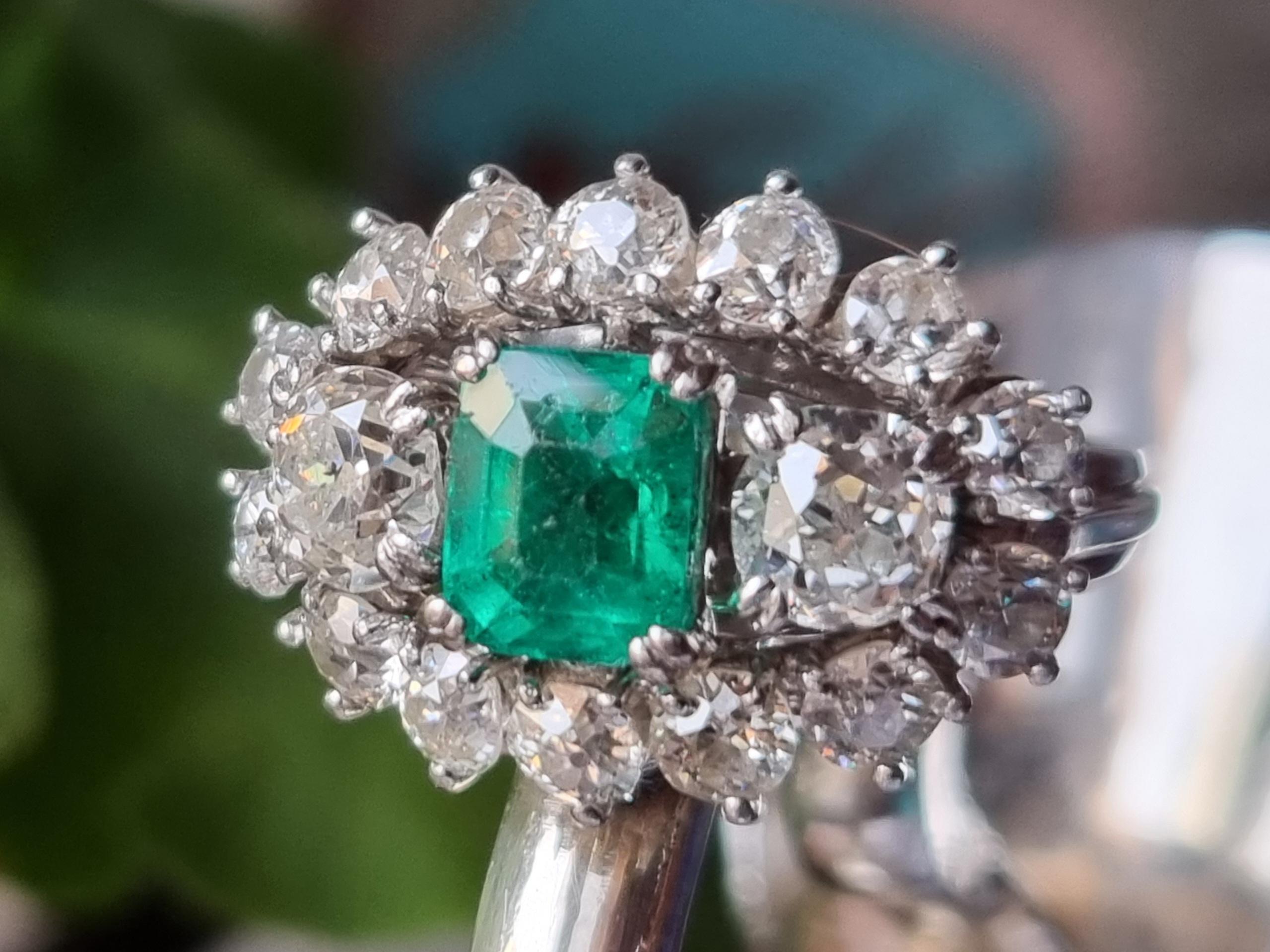 Modern GIA Certified Natural Emerald &Old Cut Diamond Three Stone Cluster Platinum Ring For Sale