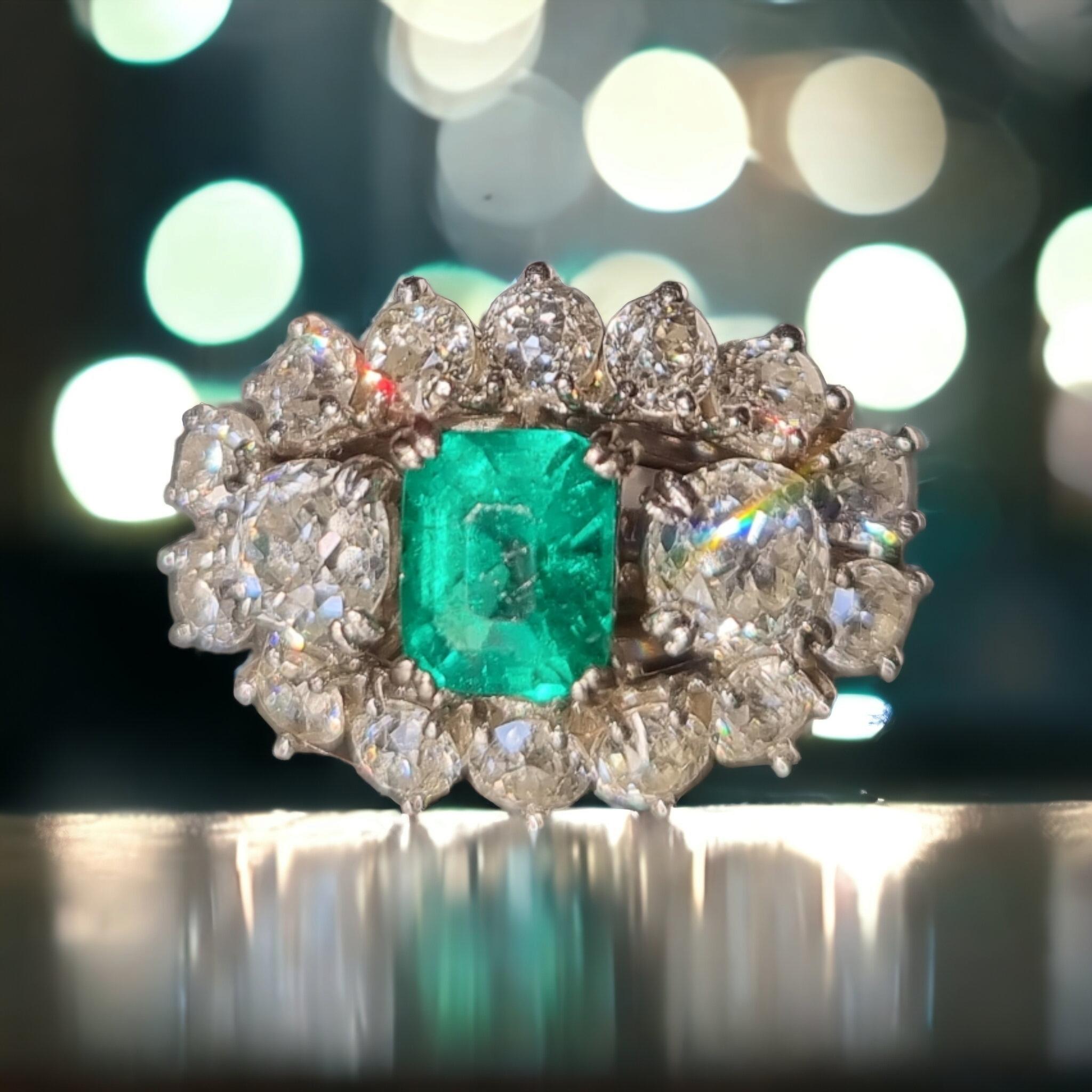 GIA Certified Natural Emerald &Old Cut Diamond Three Stone Cluster Platinum Ring For Sale 3