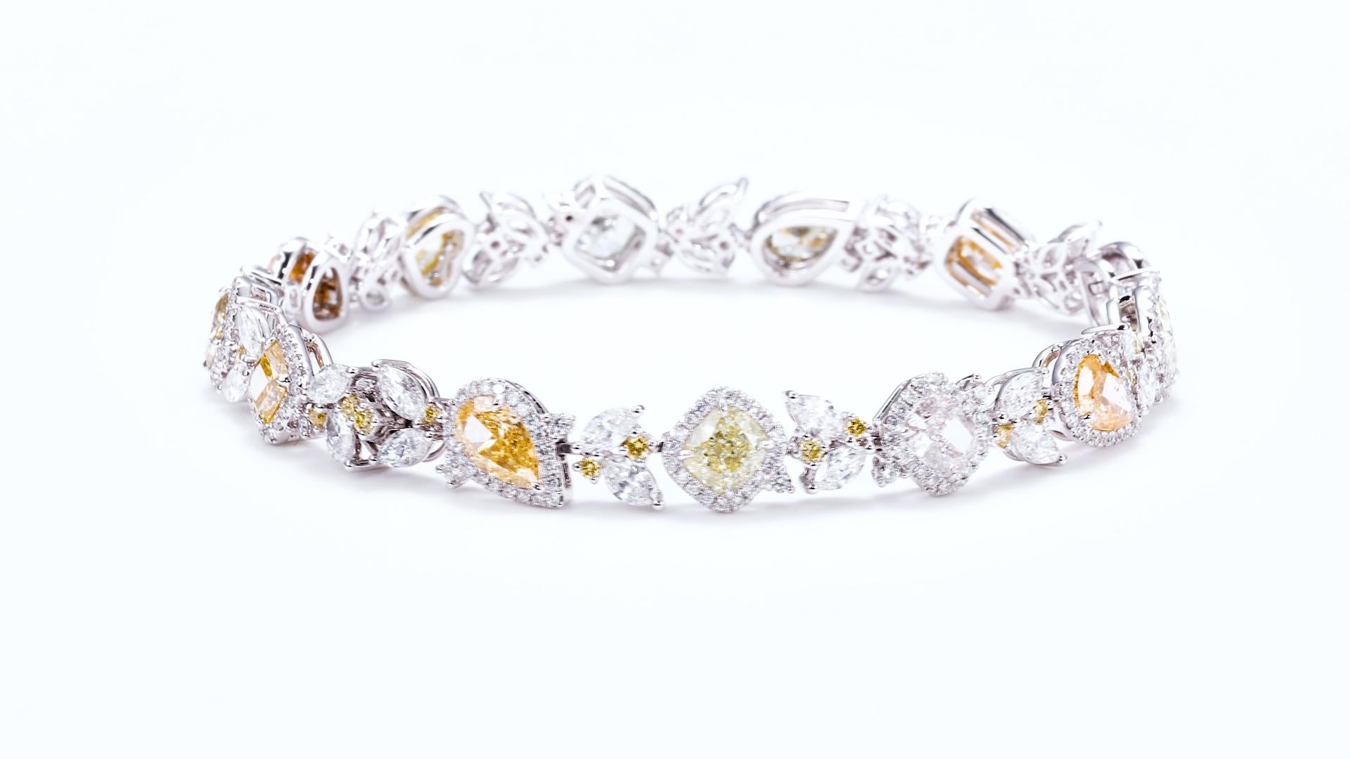 Pear Cut GIA Certified Natural Fancy Color 13 Diamonds, 7.47ct Bracelet on 18kt Gold For Sale