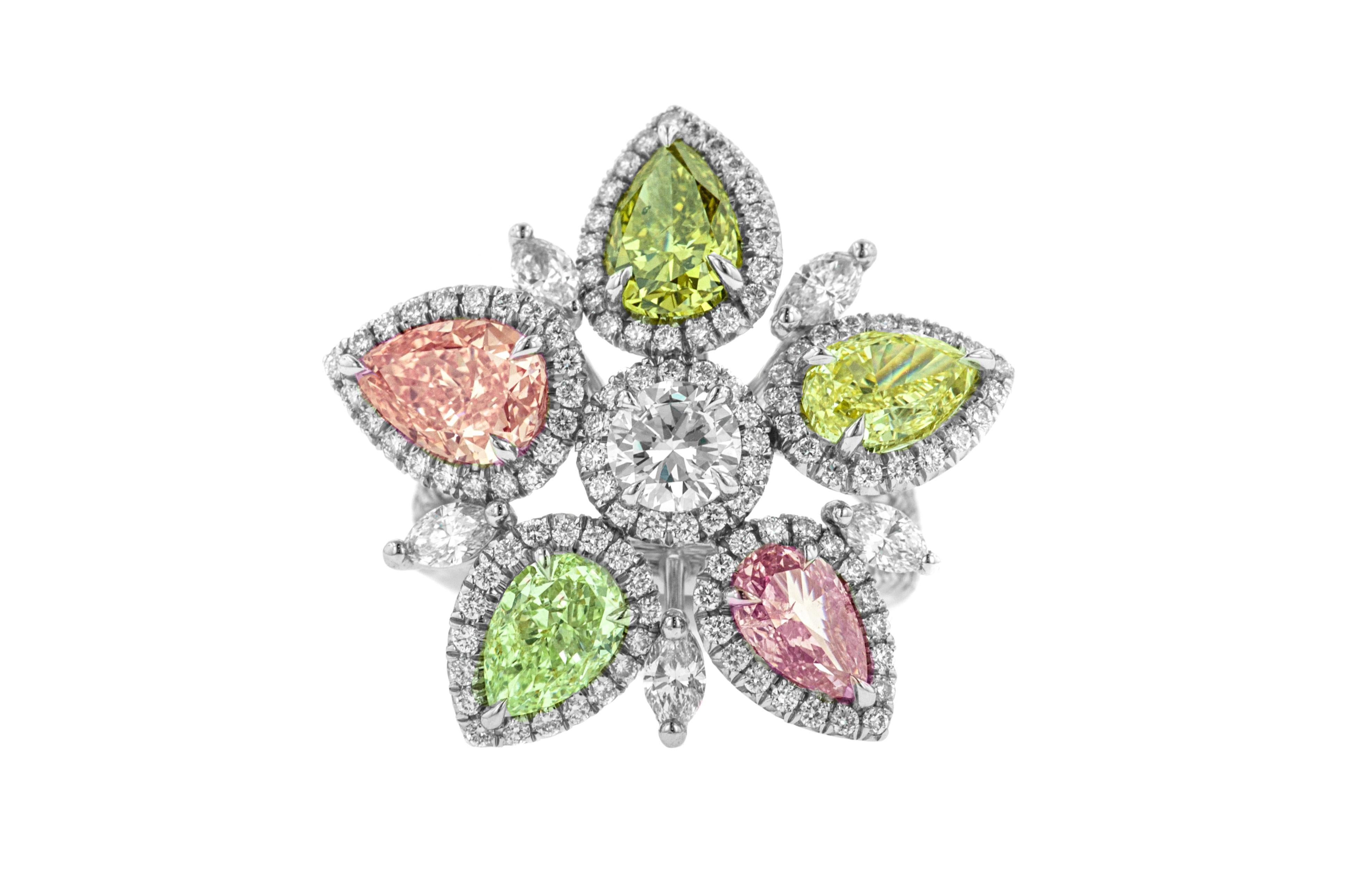 Pear Cut GIA Certified Natural Fancy Color Cluster Ring For Sale