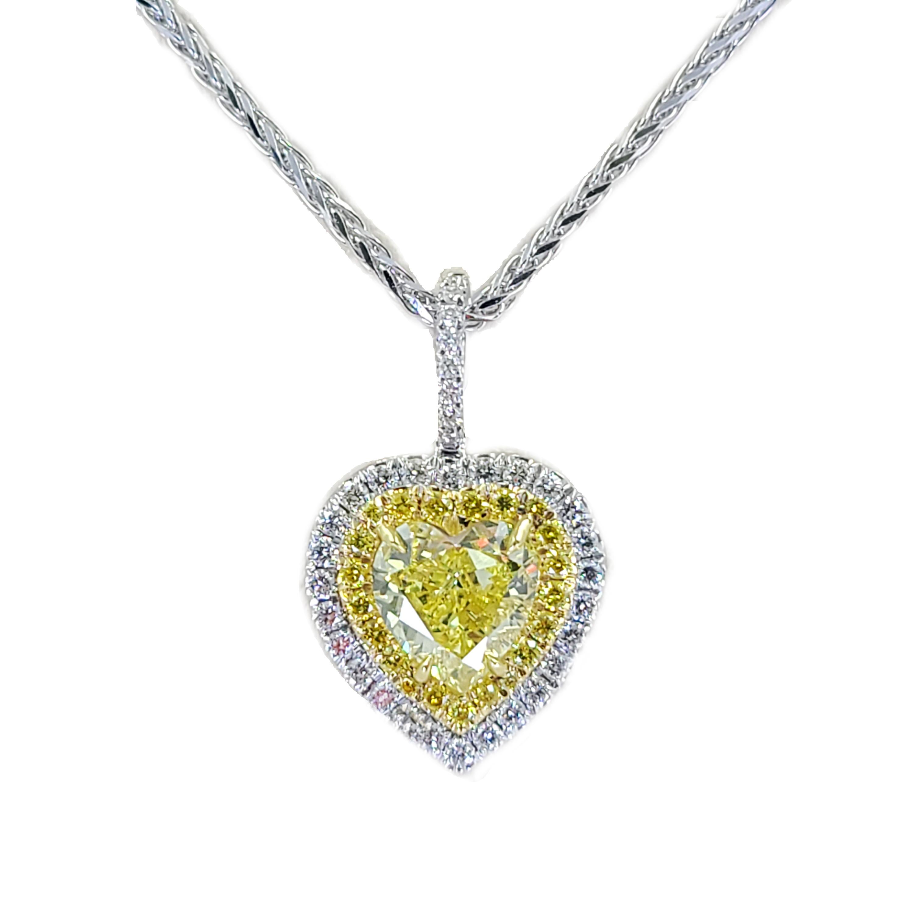 Heart Cut GIA Certified Natural Fancy Intense Yellow Diamond Heart Pendant Necklace For Sale