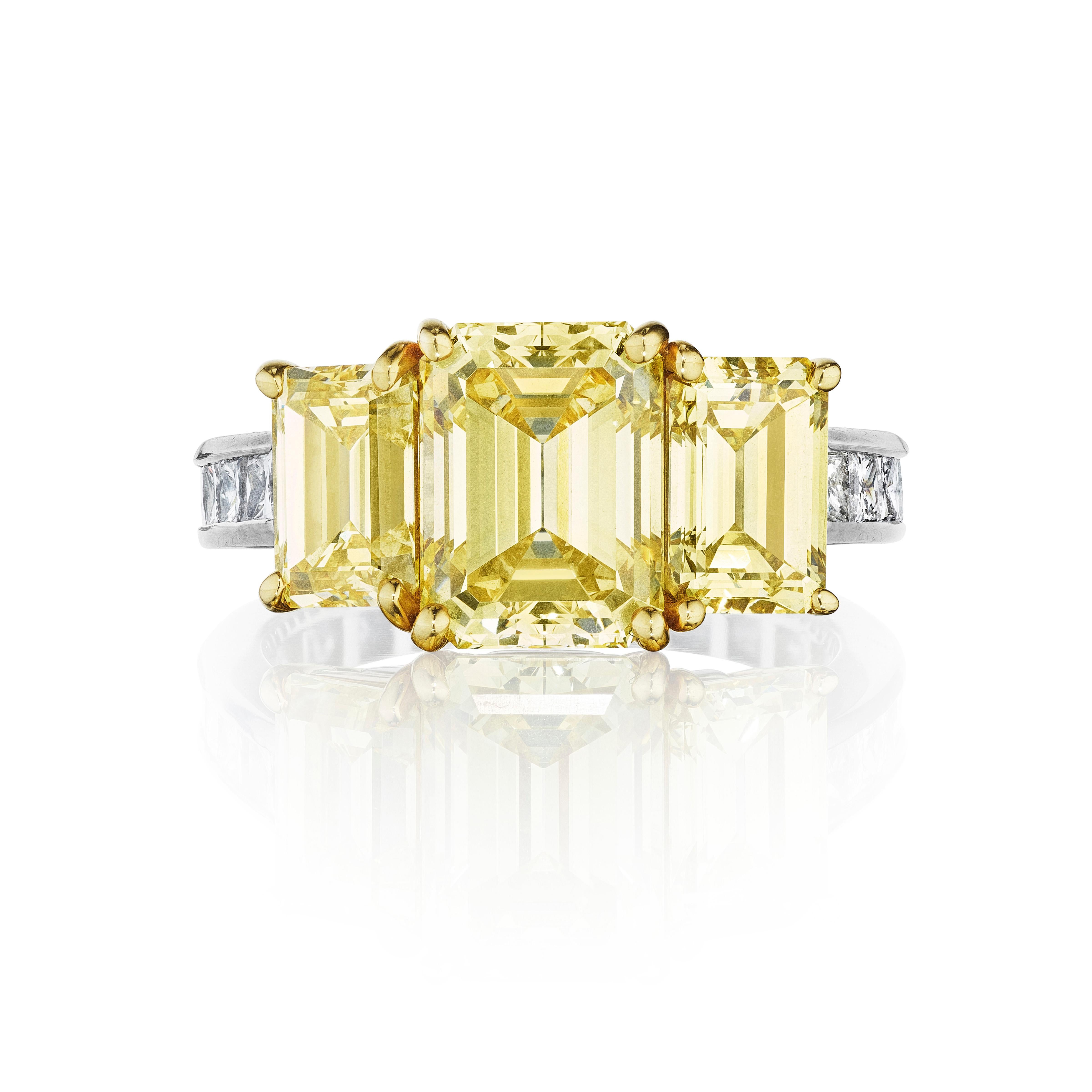 Emerald Cut GIA Certified Natural Fancy Intense Yellow Diamond Ring by Siegelson, NY For Sale