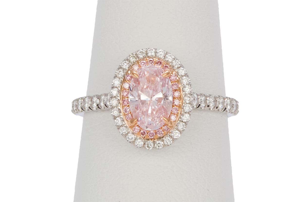 Modern GIA Certified Natural Fancy Pink Oval Diamond Halo Ring 1.58 Carat